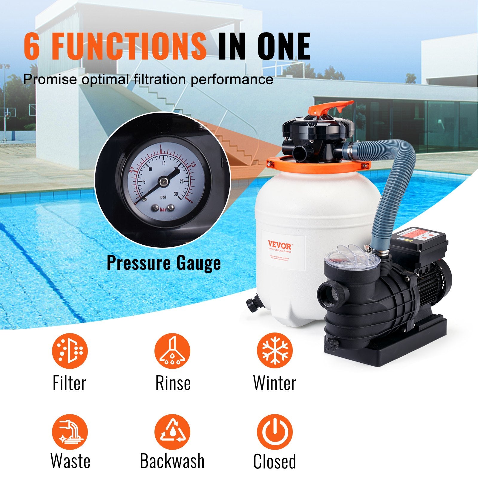 Fountain & Ponds Accessories: VEVOR Sand Filter Above Ground with 285W Pool Pump 10,000 L/H Flow 6-Way Valve