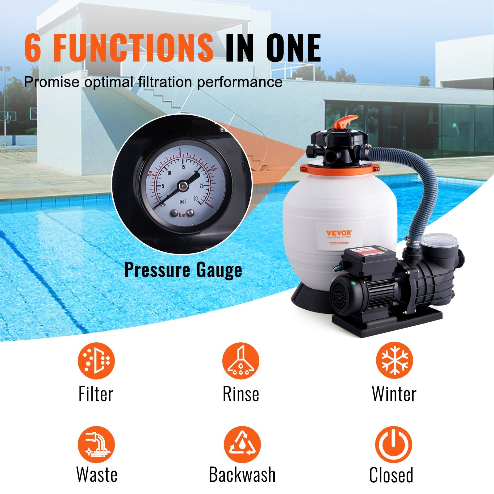 Fountain & Ponds Accessories: VEVOR Sand Filter Above Ground with 450W Pool Pump 13,000 L/H Flow 6-Way Valve