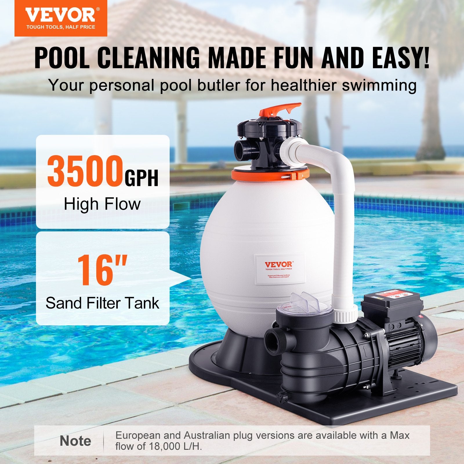 Fountain & Ponds Accessories: VEVOR Sand Filter Above Ground with 850W Pool Pump 18,000 L/H Flow 6-Way Valve