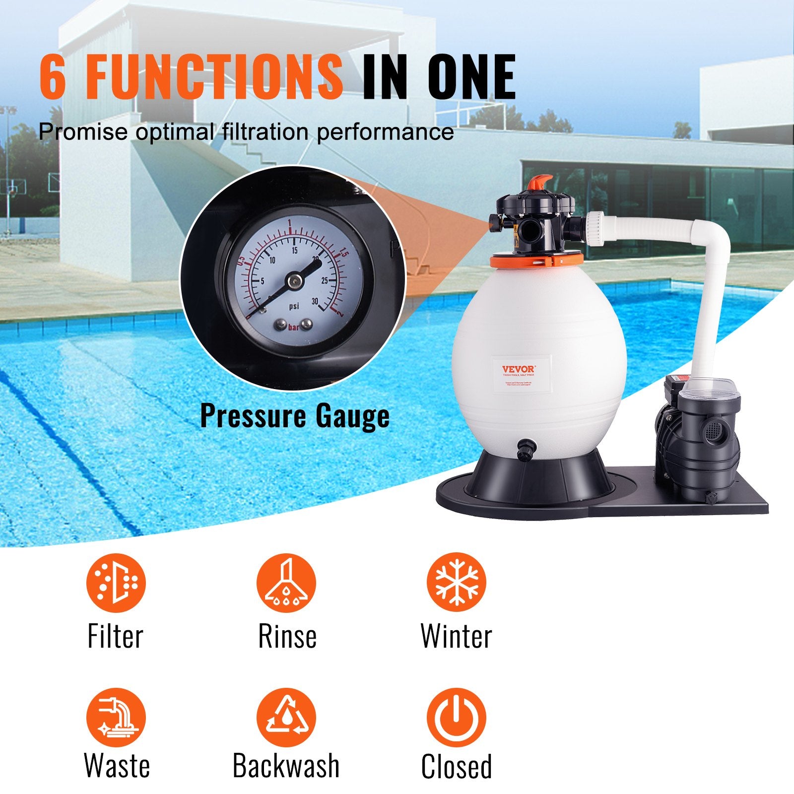 Fountain & Ponds Accessories: VEVOR Sand Filter Above Ground with 850W Pool Pump 18,000 L/H Flow 6-Way Valve