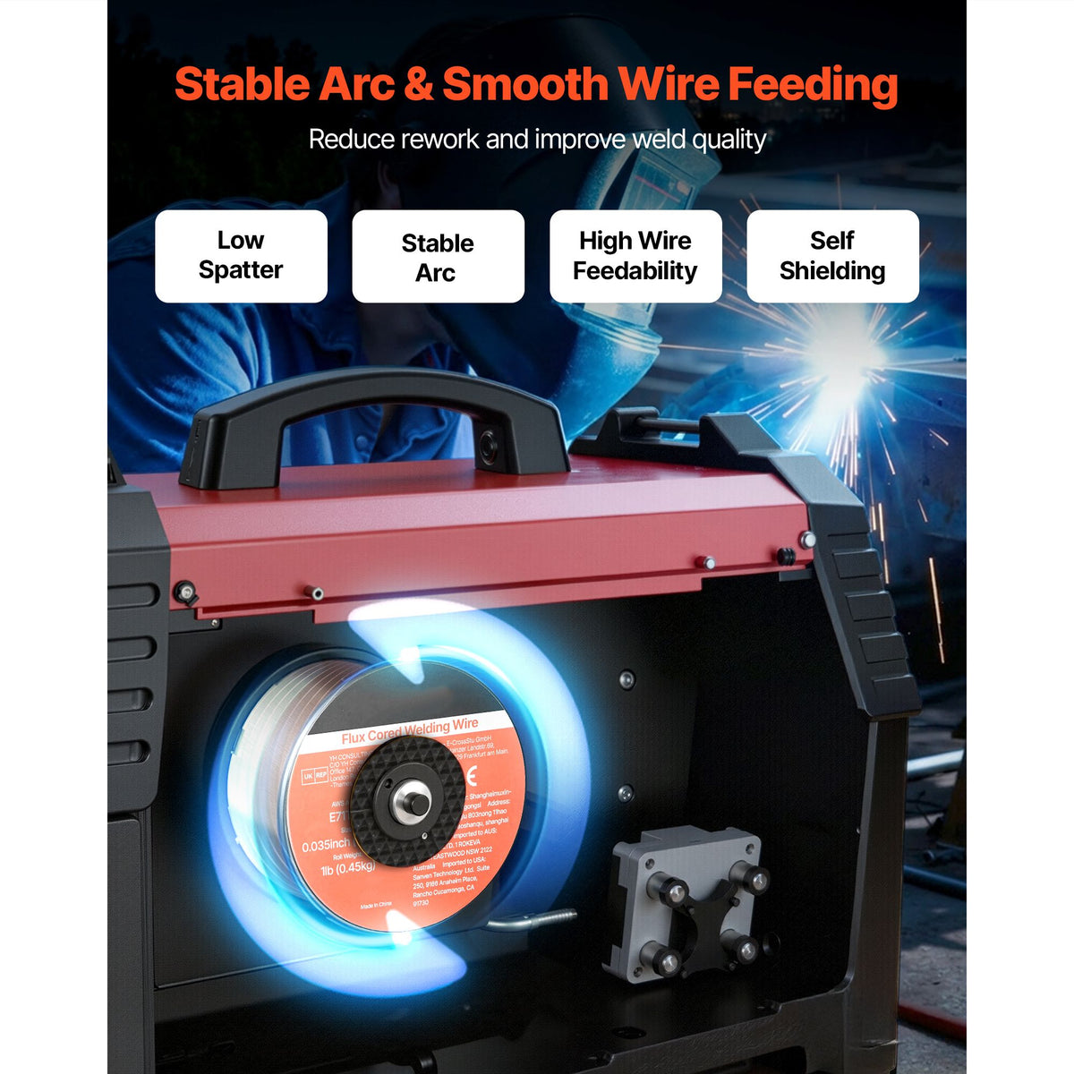 Flux Core MIG Welding Wire, E71T-11 0.9mm 0.45kg, Gasless Mild Steel Welding Wire with Low Spatter for All Position Arc Welding, Self-Shielded for Outdoor Use (Pack of 2 Rolls)