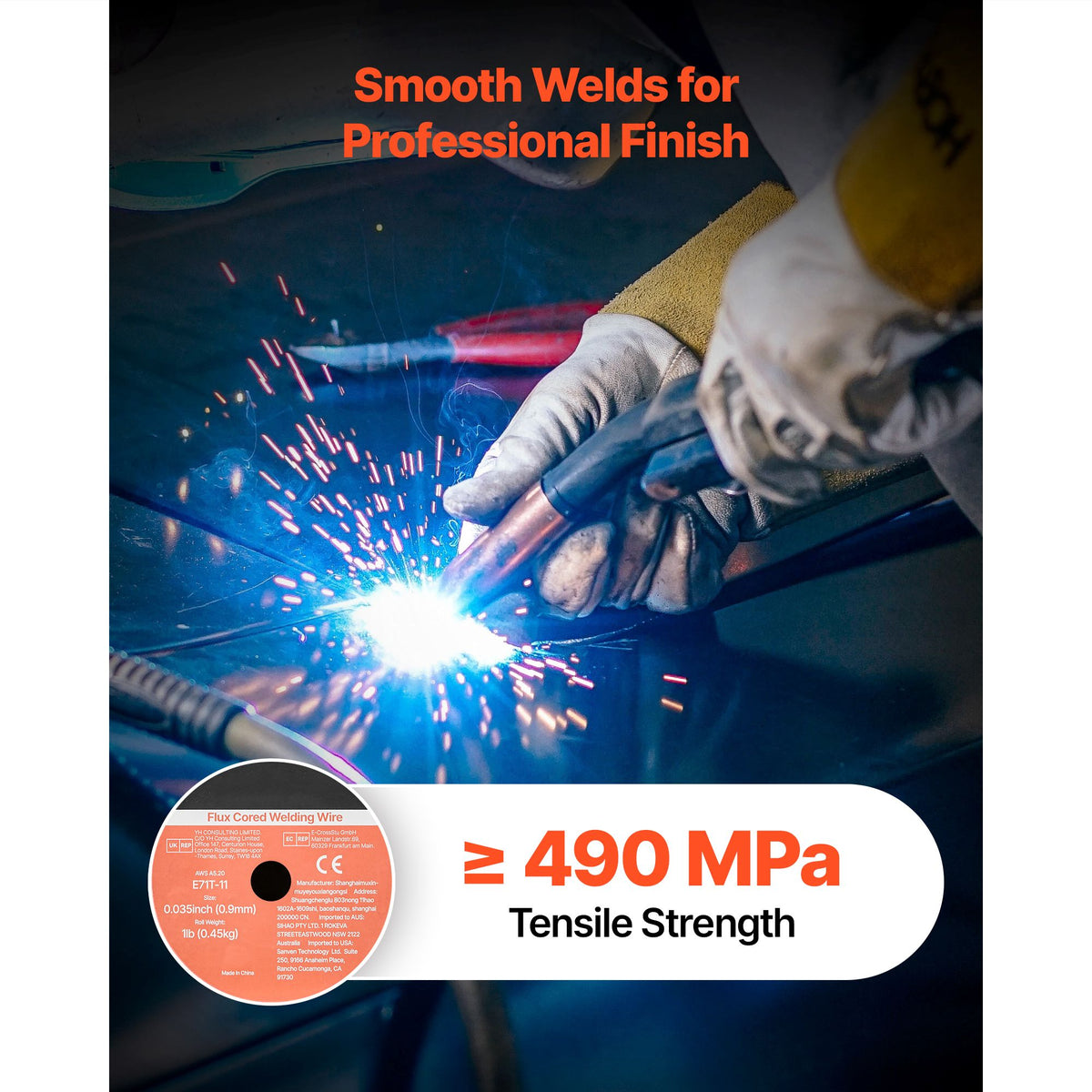 Flux Core MIG Welding Wire, E71T-11 0.9mm 0.45kg, Gasless Mild Steel Welding Wire with Low Spatter for All Position Arc Welding, Self-Shielded for Outdoor Use (Pack of 2 Rolls)