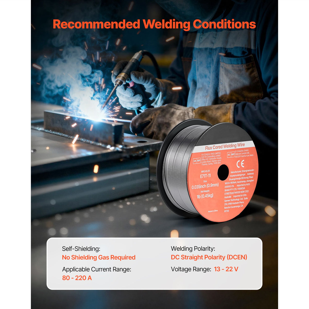 Flux Core MIG Welding Wire, E71T-11 0.9mm 0.45kg, Gasless Mild Steel Welding Wire with Low Spatter for All Position Arc Welding, Self-Shielded for Outdoor Use (Pack of 2 Rolls)