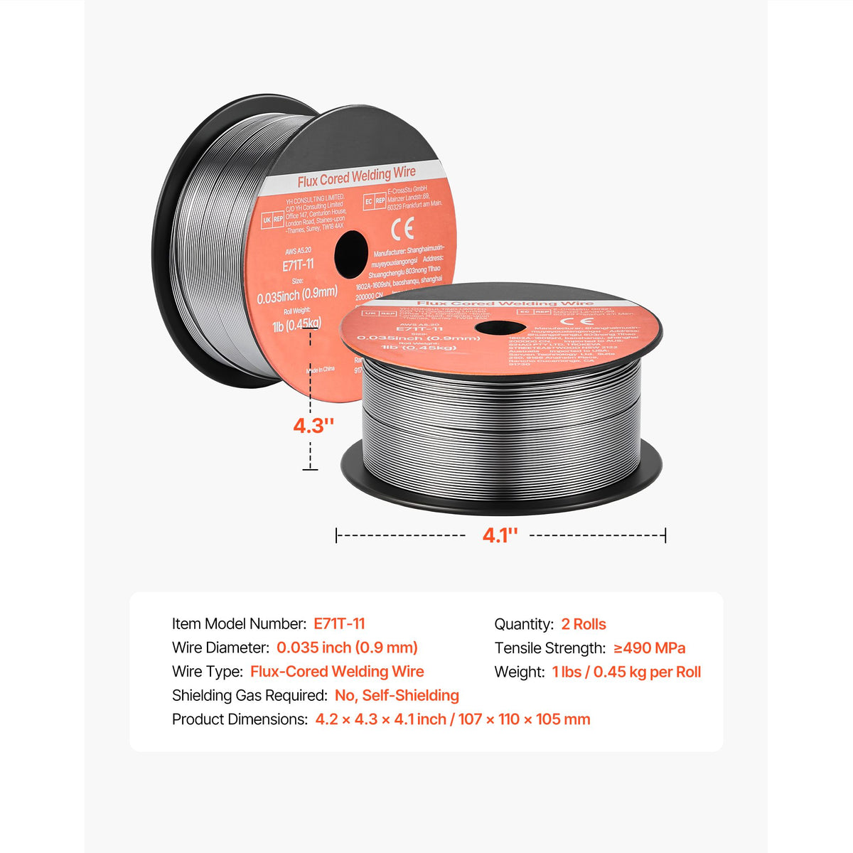 Flux Core MIG Welding Wire, E71T-11 0.9mm 0.45kg, Gasless Mild Steel Welding Wire with Low Spatter for All Position Arc Welding, Self-Shielded for Outdoor Use (Pack of 2 Rolls)