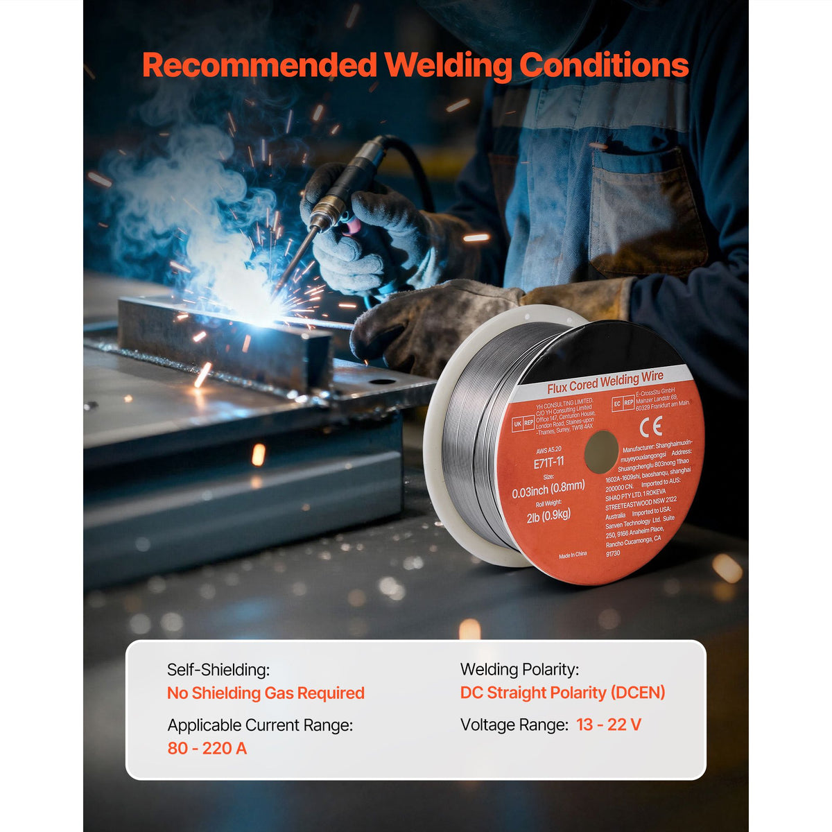 Flux Core MIG Welding Wire, E71T-11 0.8mm 0.9kg, Gasless Mild Steel Welding Wire with Low Spatter for All Position Arc Welding, Self-Shielded for Outdoor Use
