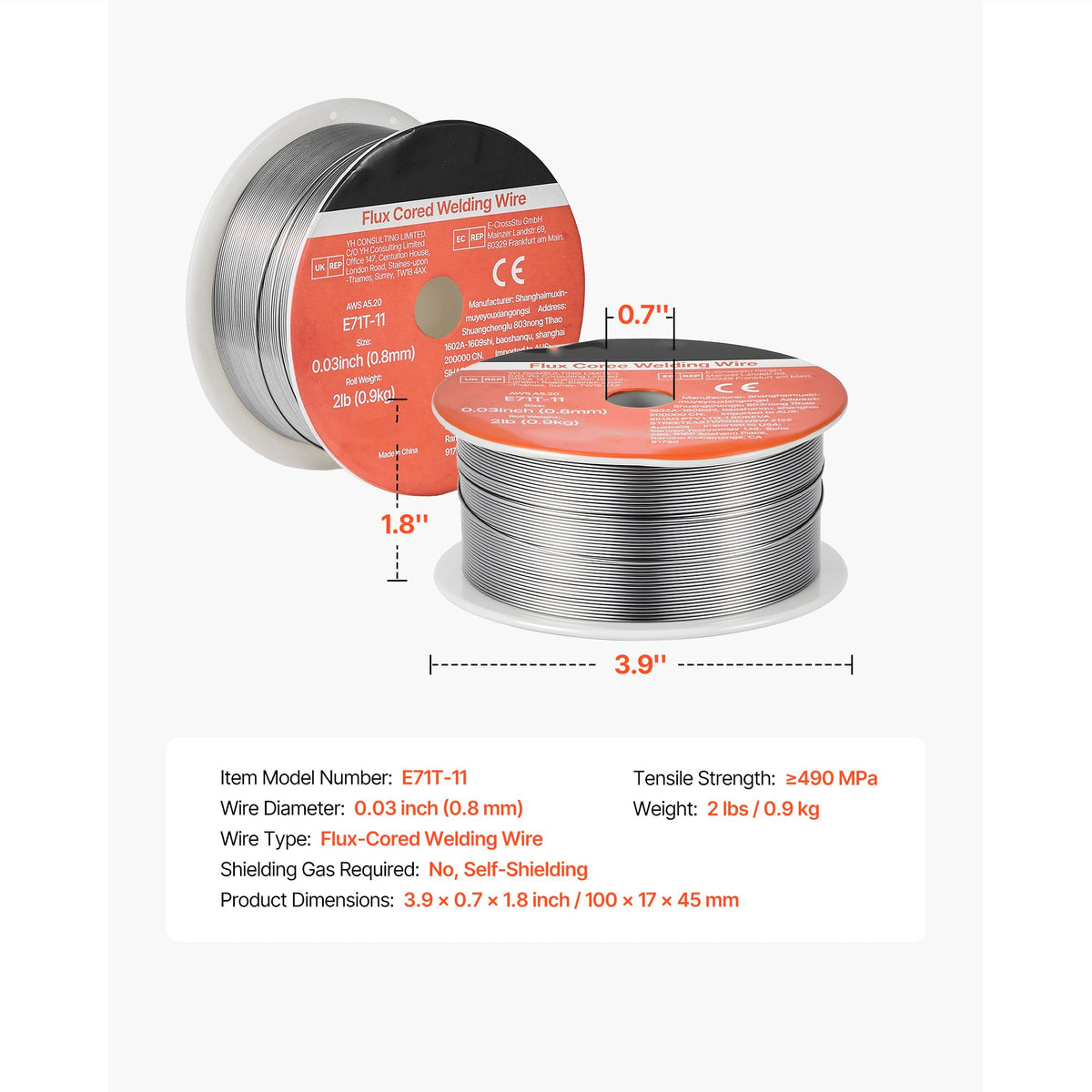 Flux Core MIG Welding Wire, E71T-11 0.8mm 0.9kg, Gasless Mild Steel Welding Wire with Low Spatter for All Position Arc Welding, Self-Shielded for Outdoor Use