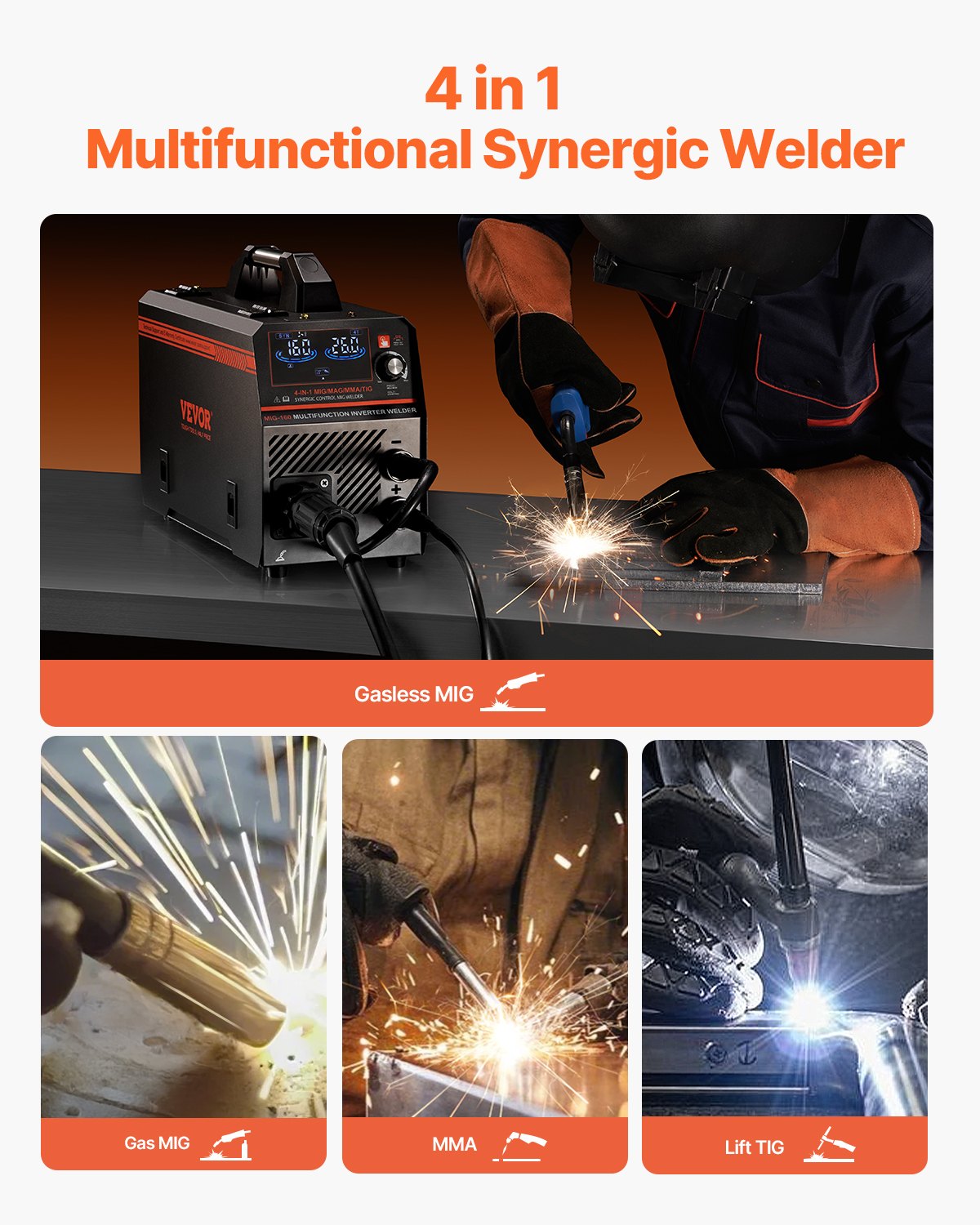 Welding Guns & Plasma Cutters: VEVOR MIG Welder, 160A Synergic Mig Welding Machine, 4-in-1 Gas MIG/Flux Core MIG/Stick/Lift TIG Multi-Process Welder Machine with IGBT Inverter Technology and LCD Screen Display