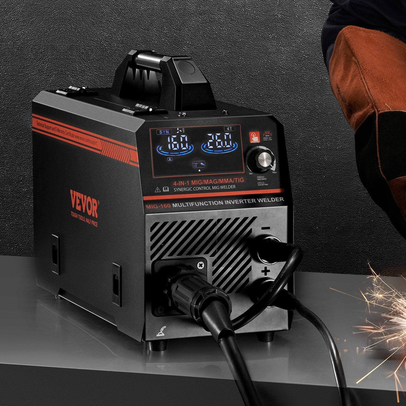 Welding Guns & Plasma Cutters: VEVOR MIG Welder, 160A Synergic Mig Welding Machine, 4-in-1 Gas MIG/Flux Core MIG/Stick/Lift TIG Multi-Process Welder Machine with IGBT Inverter Technology and LCD Screen Display