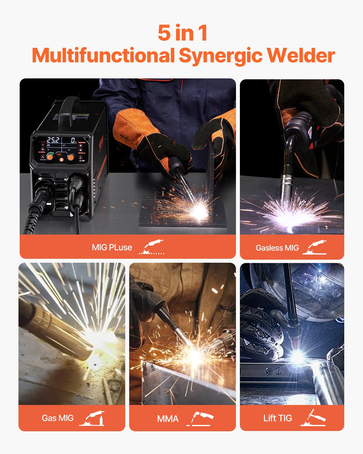 Wedding Favours: VEVOR Pro MIG Welder, 200Amp Pluse Mig Welding Machine, 5-in-1 Synergic Welder Machine MIG Pluse/Gas MIG/Flux Core MIG/Stick/Lift TIG with IGBT Inverter Technology and LCD Screen Display