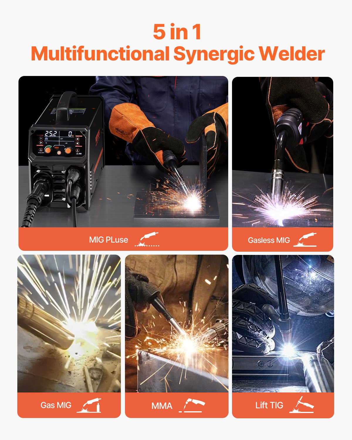 Wedding Favours: VEVOR Pro MIG Welder, 250Amp Pluse Mig Welding Machine, 5-in-1 Synergic Welder Machine MIG Pluse/Gas MIG/Flux Core MIG/Stick/Lift TIG with IGBT Inverter Technology and LCD Screen Display