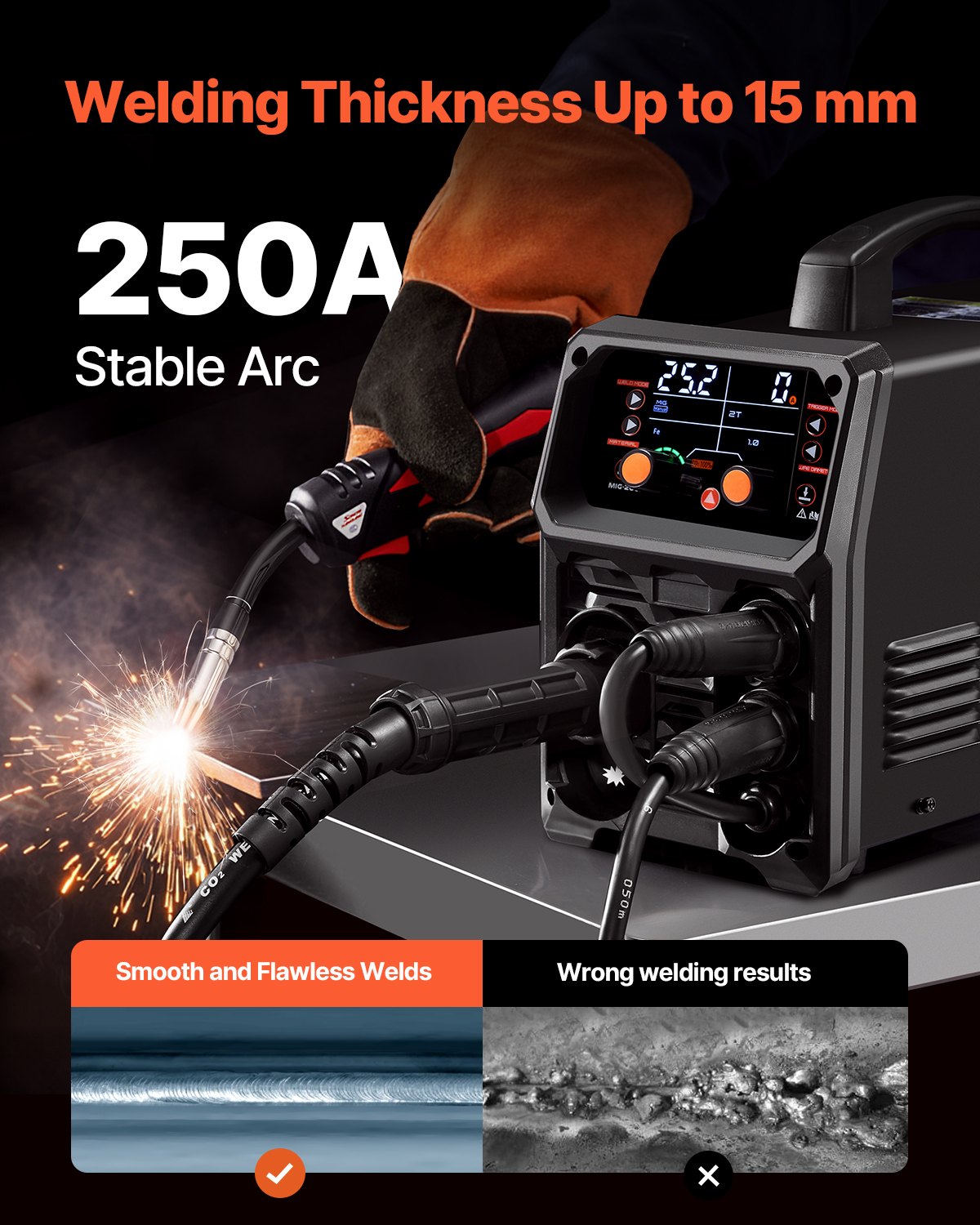 Wedding Favours: VEVOR Pro MIG Welder, 250Amp Pluse Mig Welding Machine, 5-in-1 Synergic Welder Machine MIG Pluse/Gas MIG/Flux Core MIG/Stick/Lift TIG with IGBT Inverter Technology and LCD Screen Display