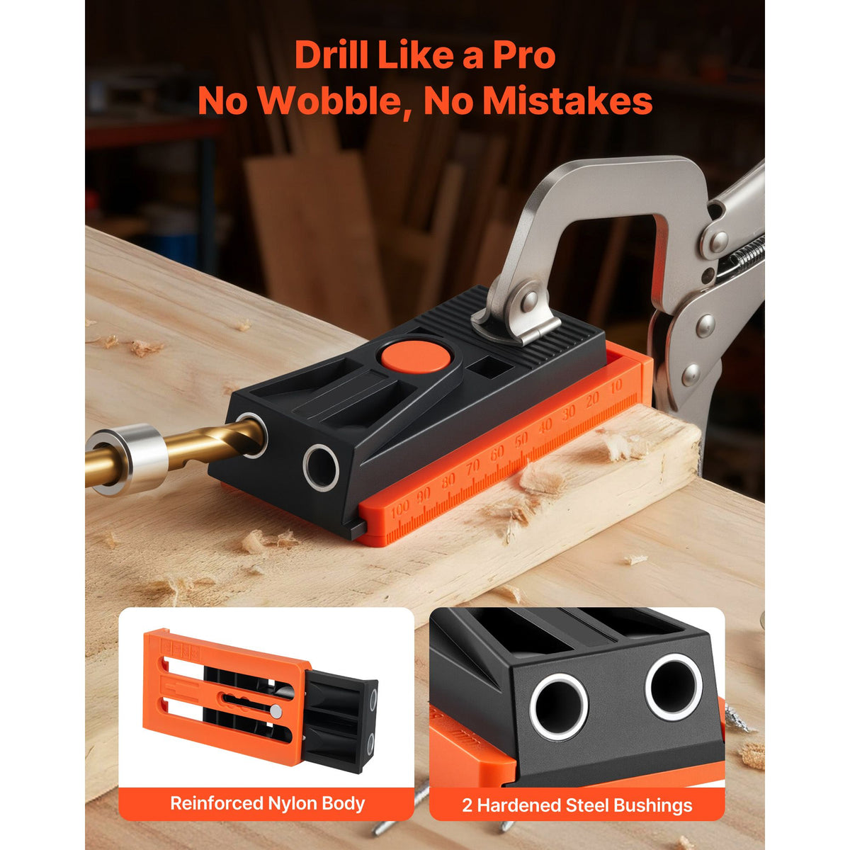 Pocket Hole Jig Kit, 12.7 to 38.1 mm Adjustable, Mini Jig Pocket Hole System with Step Drill, Hex Wrench, Drill Stop Ring, Square Drive Bit, and Screws, Reinforced Nylon Frame, for Woodworking