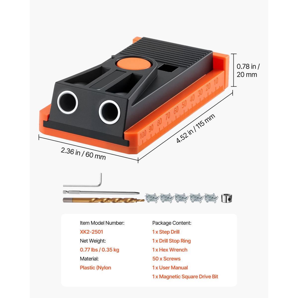 Pocket Hole Jig Kit, 12.7 to 38.1 mm Adjustable, Mini Jig Pocket Hole System with Step Drill, Hex Wrench, Drill Stop Ring, Square Drive Bit, and Screws, Reinforced Nylon Frame, for Woodworking