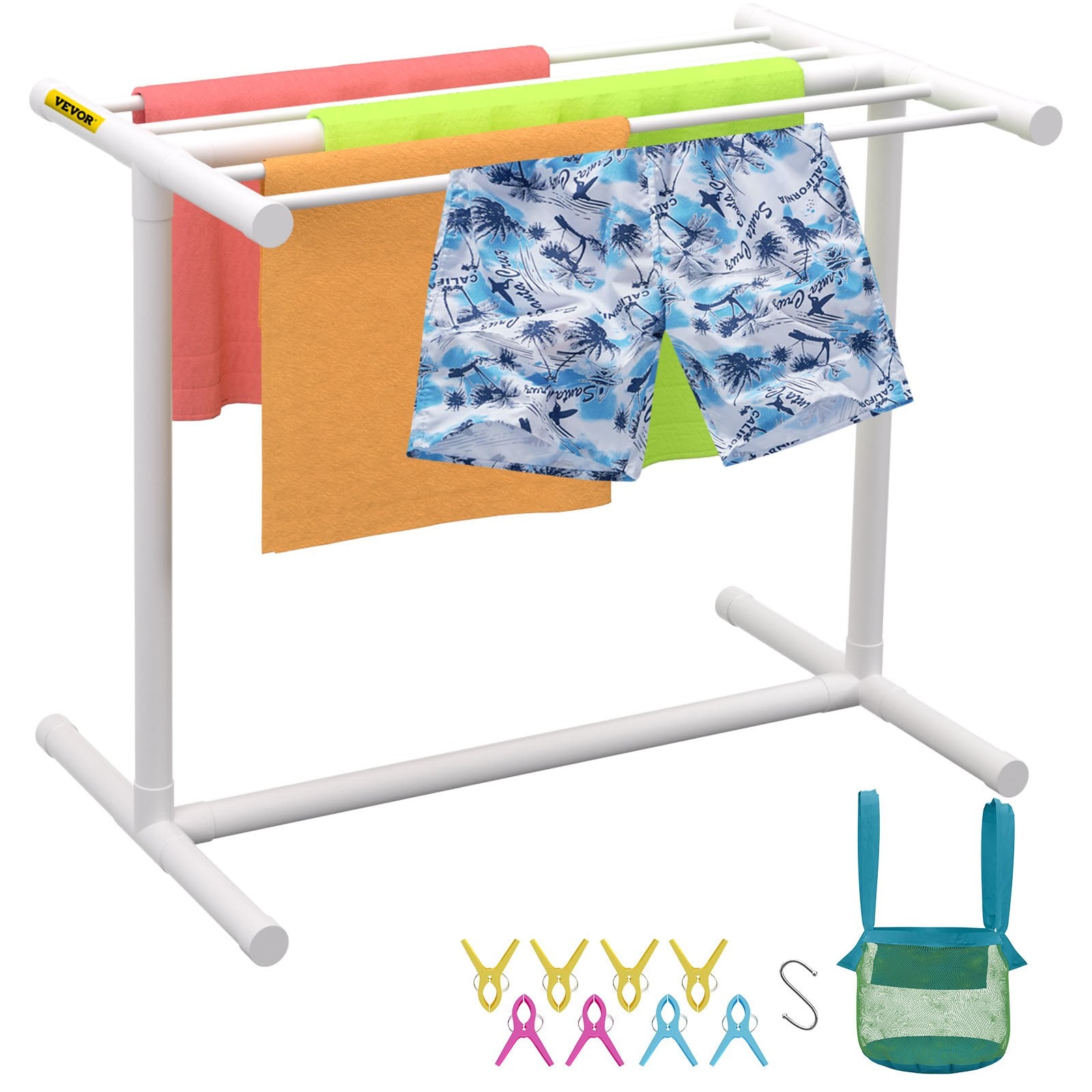 Towel Racks & Holders: VEVOR Pool Towel Rack, 5 Bar, White, Freestanding Outdoor PVC T-Shape Poolside Storage Organizer, Include 8 Towel Clips, Mesh Bag, Hook, Also Stores Floats and Paddles, for Beach, Swimming Pool, Home