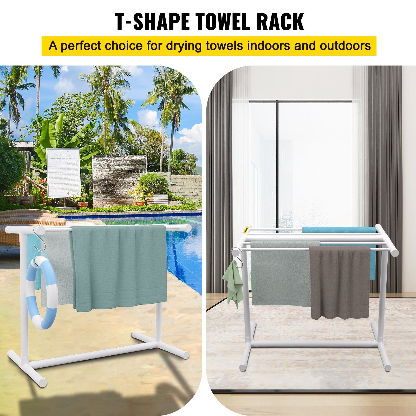 Towel Racks & Holders: VEVOR Pool Towel Rack, 5 Bar, White, Freestanding Outdoor PVC T-Shape Poolside Storage Organizer, Include 8 Towel Clips, Mesh Bag, Hook, Also Stores Floats and Paddles, for Beach, Swimming Pool, Home