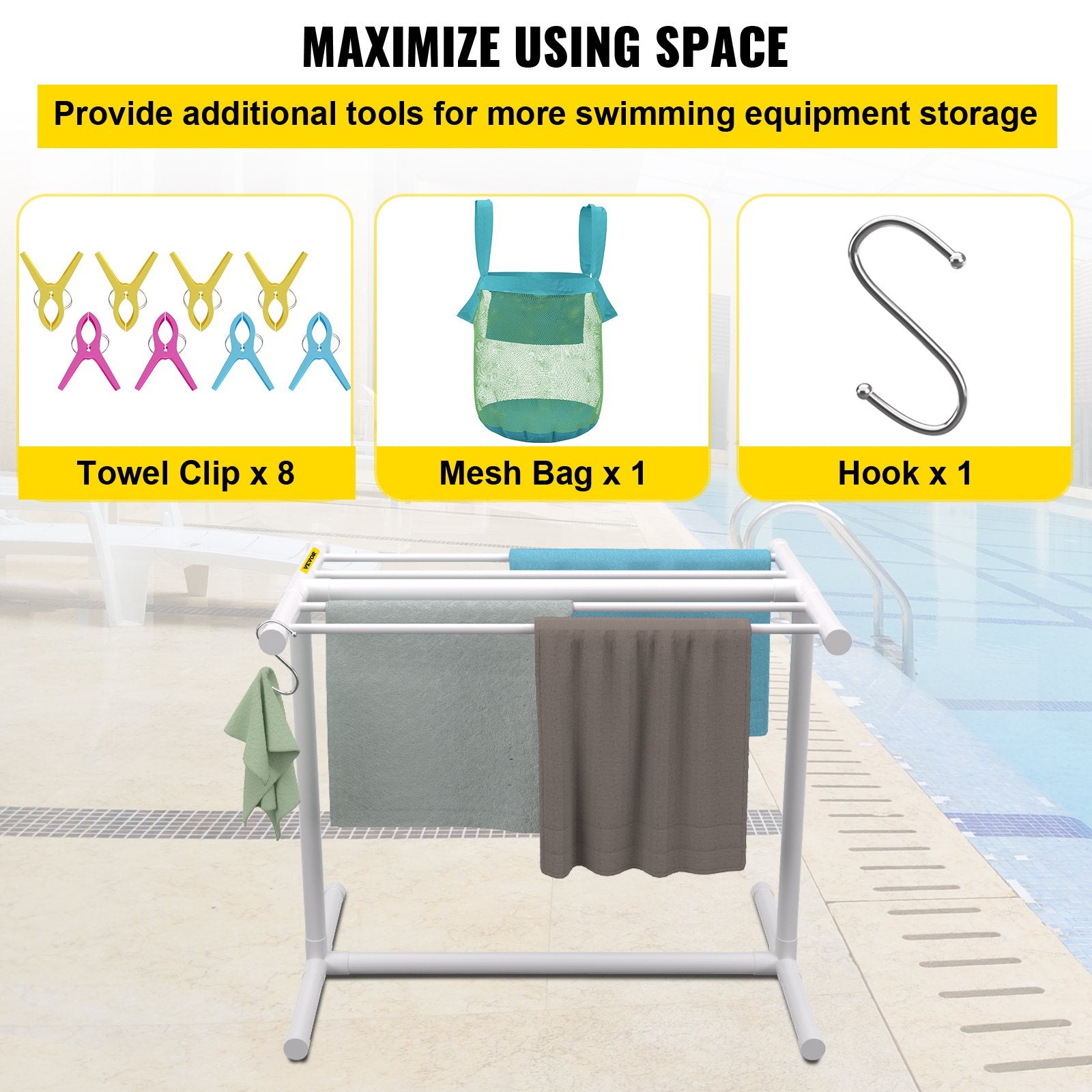 Towel Racks & Holders: VEVOR Pool Towel Rack, 5 Bar, White, Freestanding Outdoor PVC T-Shape Poolside Storage Organizer, Include 8 Towel Clips, Mesh Bag, Hook, Also Stores Floats and Paddles, for Beach, Swimming Pool, Home