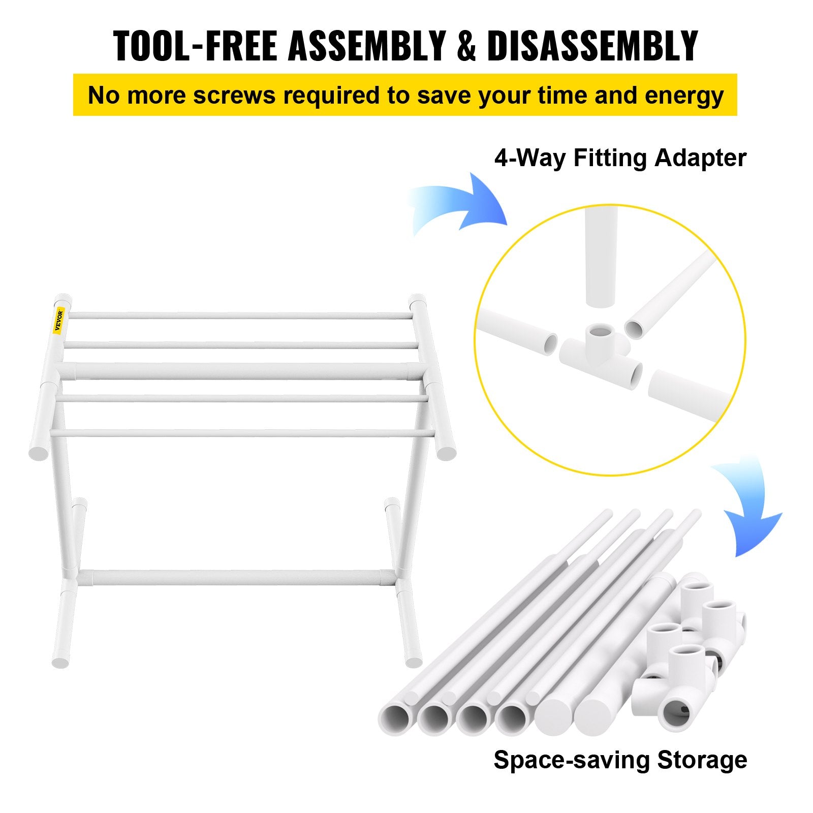 Towel Racks & Holders: VEVOR Pool Towel Rack, 5 Bar, White, Freestanding Outdoor PVC T-Shape Poolside Storage Organizer, Include 8 Towel Clips, Mesh Bag, Hook, Also Stores Floats and Paddles, for Beach, Swimming Pool, Home