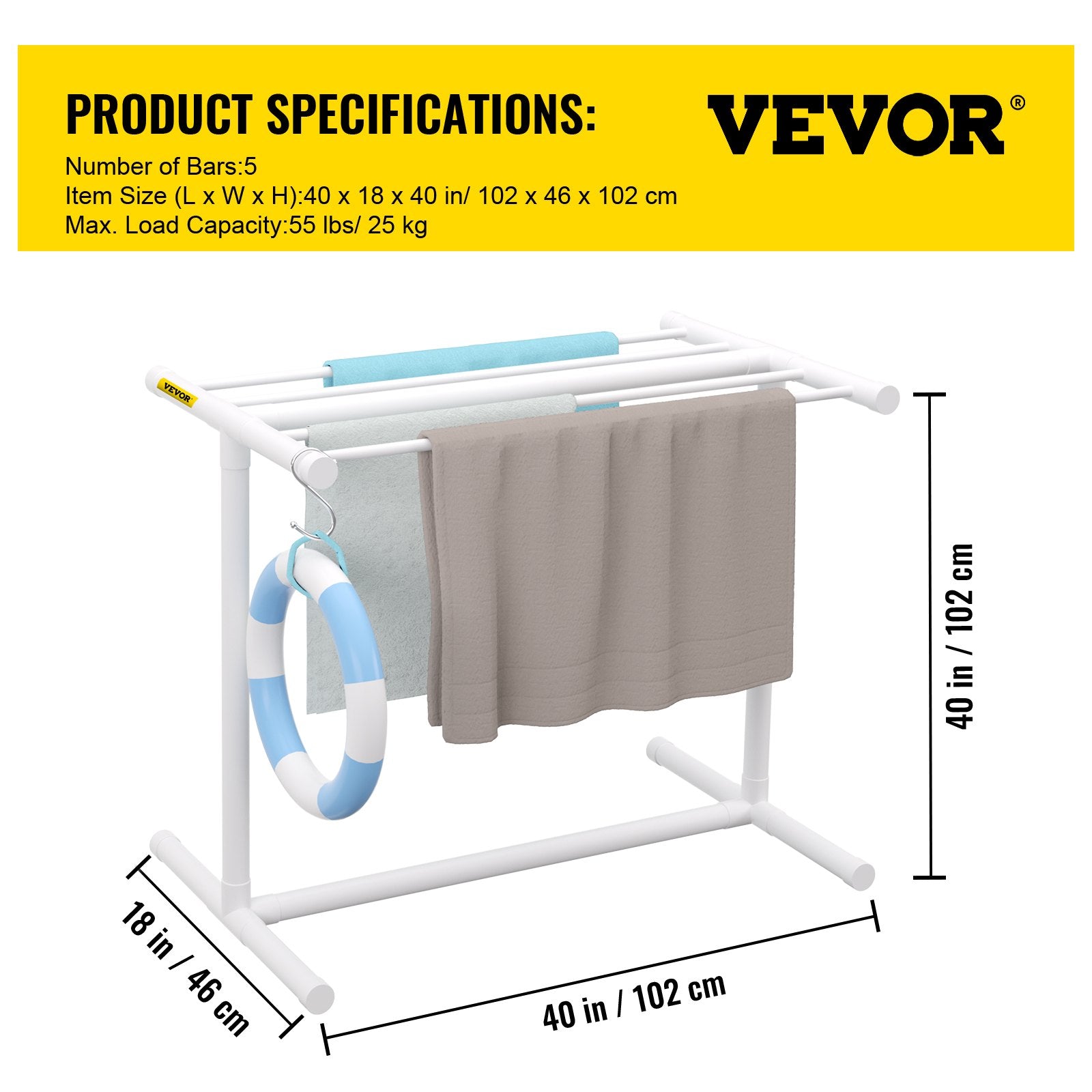 Towel Racks & Holders: VEVOR Pool Towel Rack, 5 Bar, White, Freestanding Outdoor PVC T-Shape Poolside Storage Organizer, Include 8 Towel Clips, Mesh Bag, Hook, Also Stores Floats and Paddles, for Beach, Swimming Pool, Home