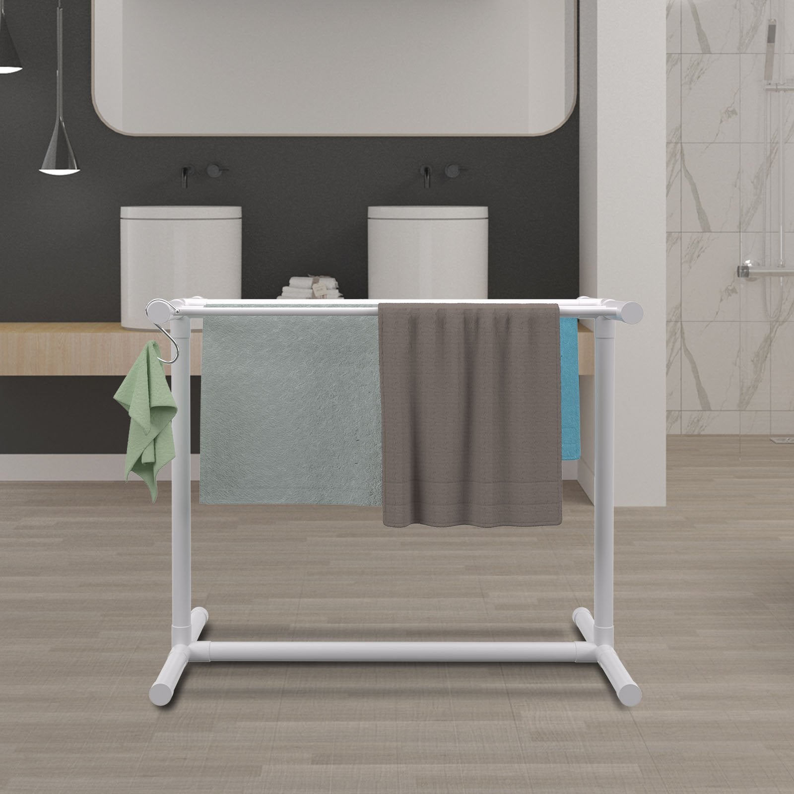 Towel Racks & Holders: VEVOR Pool Towel Rack, 5 Bar, White, Freestanding Outdoor PVC T-Shape Poolside Storage Organizer, Include 8 Towel Clips, Mesh Bag, Hook, Also Stores Floats and Paddles, for Beach, Swimming Pool, Home