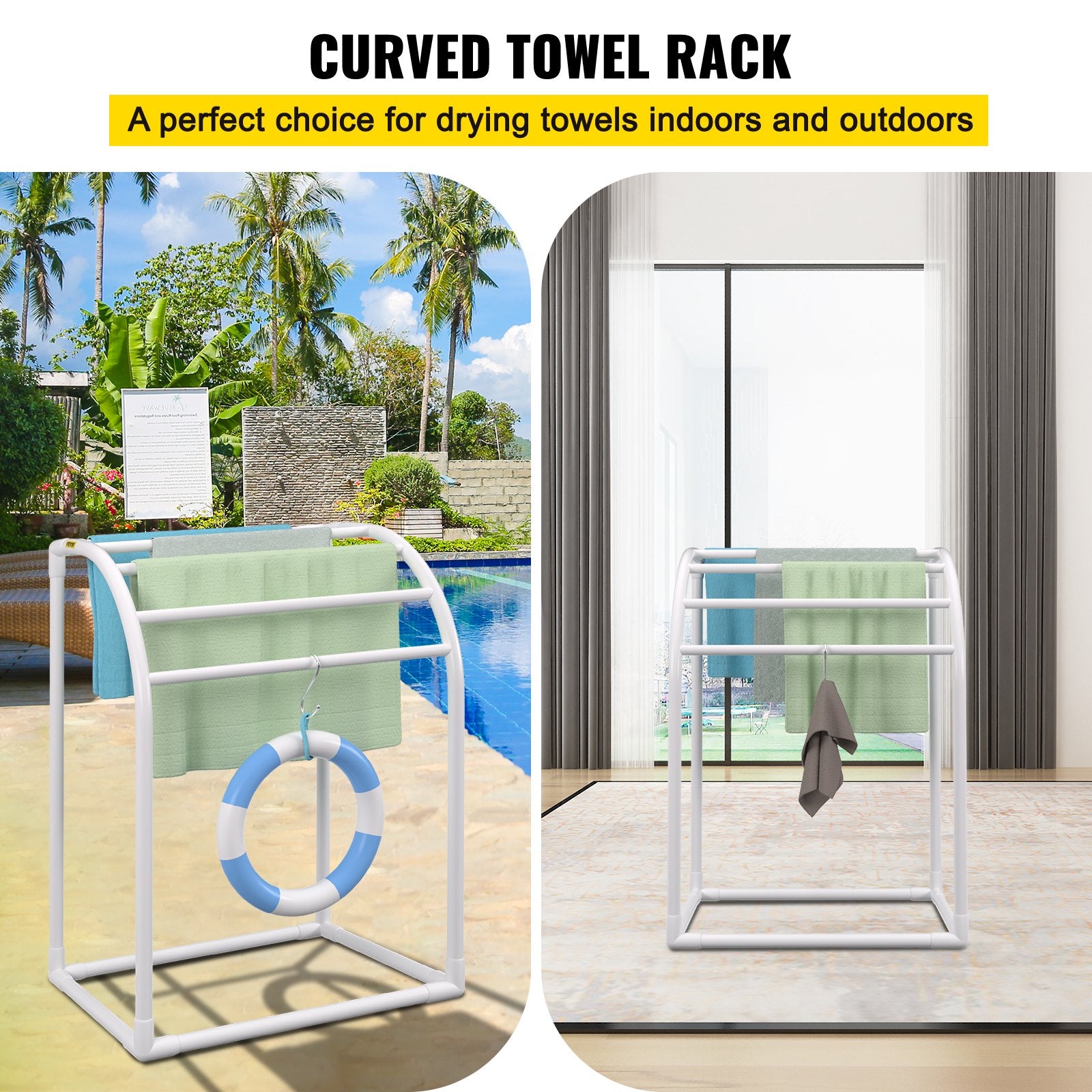 Pool Towel Rack, 5 Bar, Milky, Freestanding Outdoor PVC Curved Poolside Storage Organizer, Include 8 Towel Clips, Mesh Bag, Hook, Also Stores Floats and Paddles, for Beach, Swimming Pool, Home