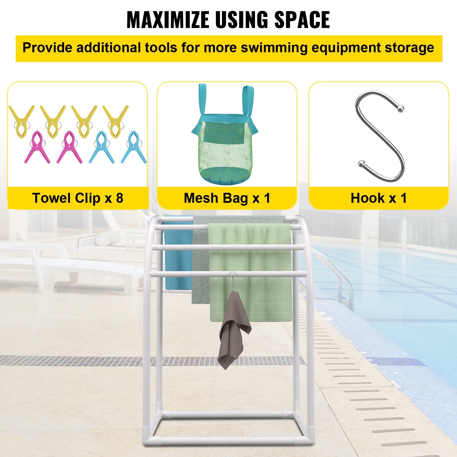 Pool Towel Rack, 5 Bar, Milky, Freestanding Outdoor PVC Curved Poolside Storage Organizer, Include 8 Towel Clips, Mesh Bag, Hook, Also Stores Floats and Paddles, for Beach, Swimming Pool, Home