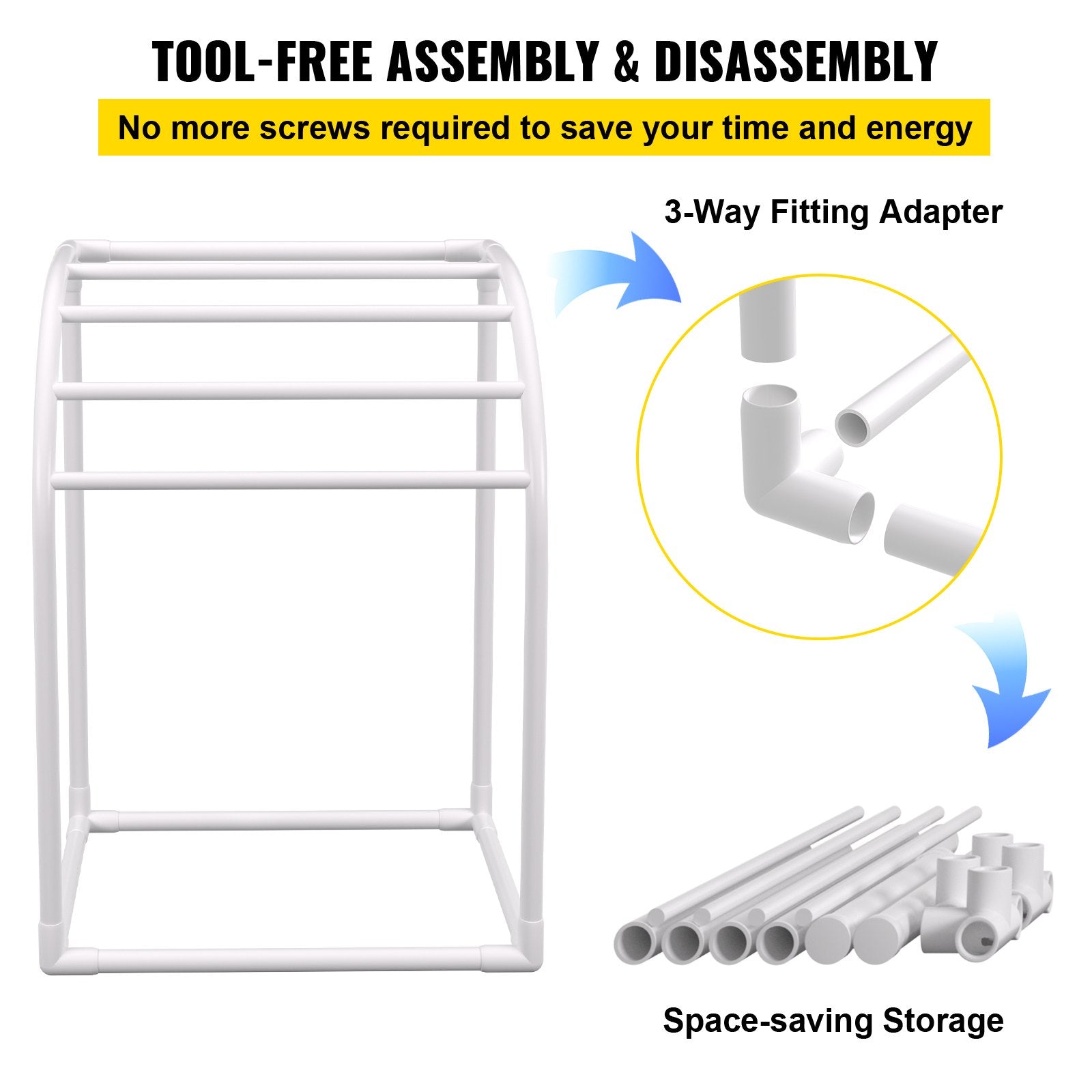 Pool Towel Rack, 5 Bar, Milky, Freestanding Outdoor PVC Curved Poolside Storage Organizer, Include 8 Towel Clips, Mesh Bag, Hook, Also Stores Floats and Paddles, for Beach, Swimming Pool, Home