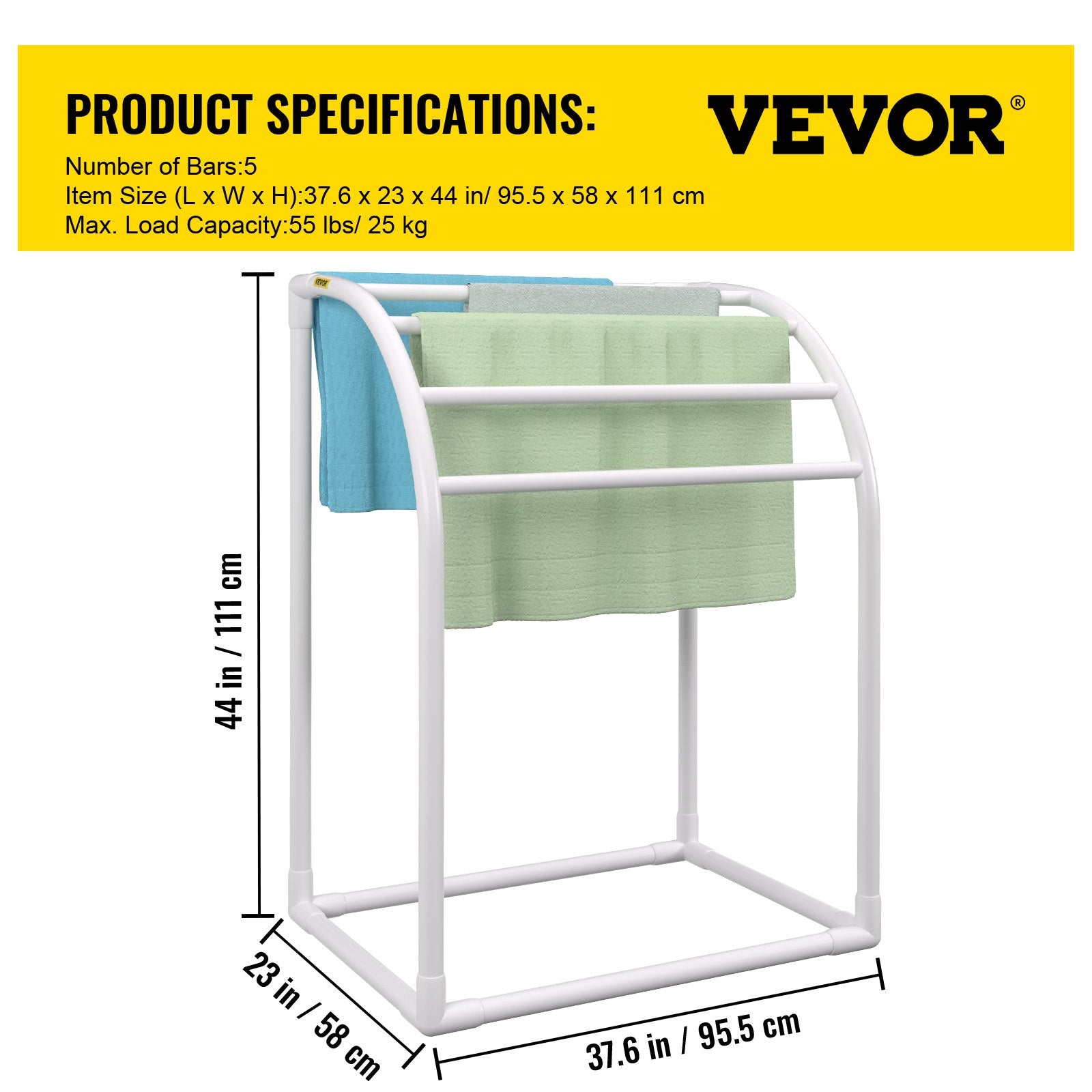 Pool Towel Rack, 5 Bar, Milky, Freestanding Outdoor PVC Curved Poolside Storage Organizer, Include 8 Towel Clips, Mesh Bag, Hook, Also Stores Floats and Paddles, for Beach, Swimming Pool, Home
