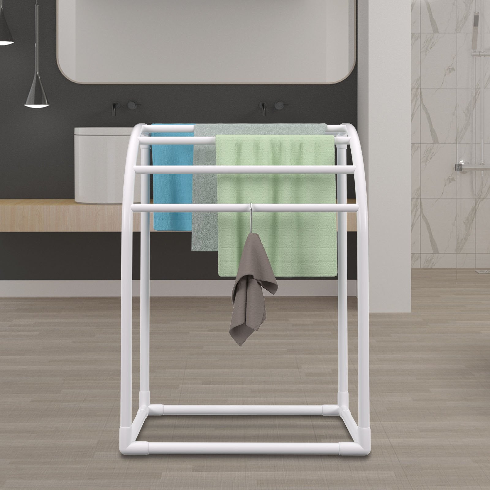 Pool Towel Rack, 5 Bar, Milky, Freestanding Outdoor PVC Curved Poolside Storage Organizer, Include 8 Towel Clips, Mesh Bag, Hook, Also Stores Floats and Paddles, for Beach, Swimming Pool, Home