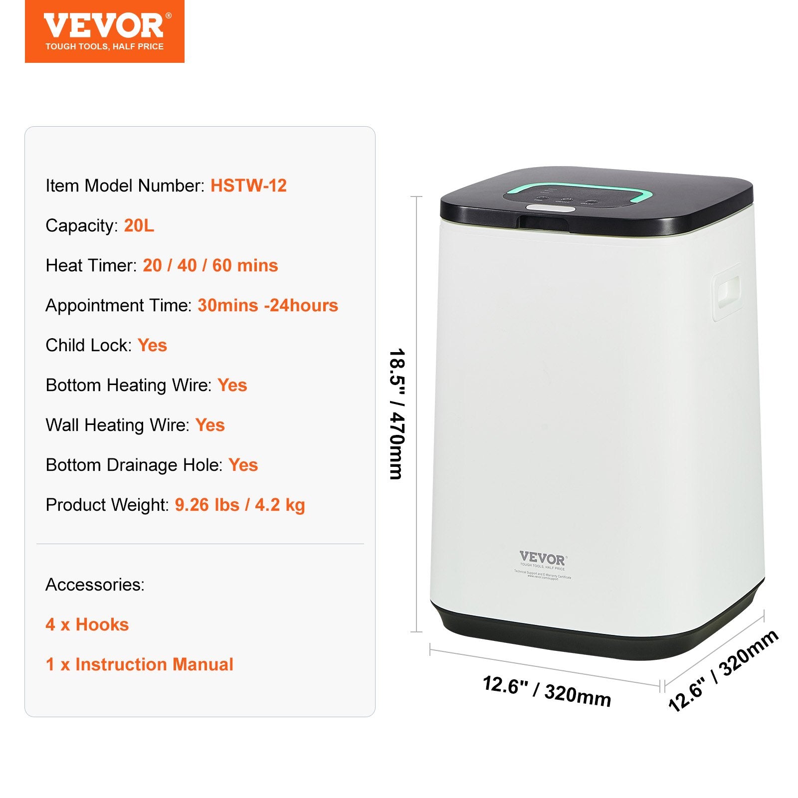 Fountain & Ponds Accessories: VEVOR 20L Large Towel Warmer Bucket with LED Screen U-shaped Light & Timer White