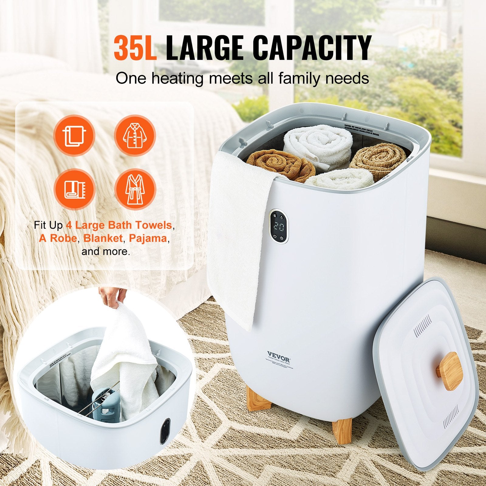 35L Large Towel Warmer Bucket with LED Screen Drying Fuction & Timer White