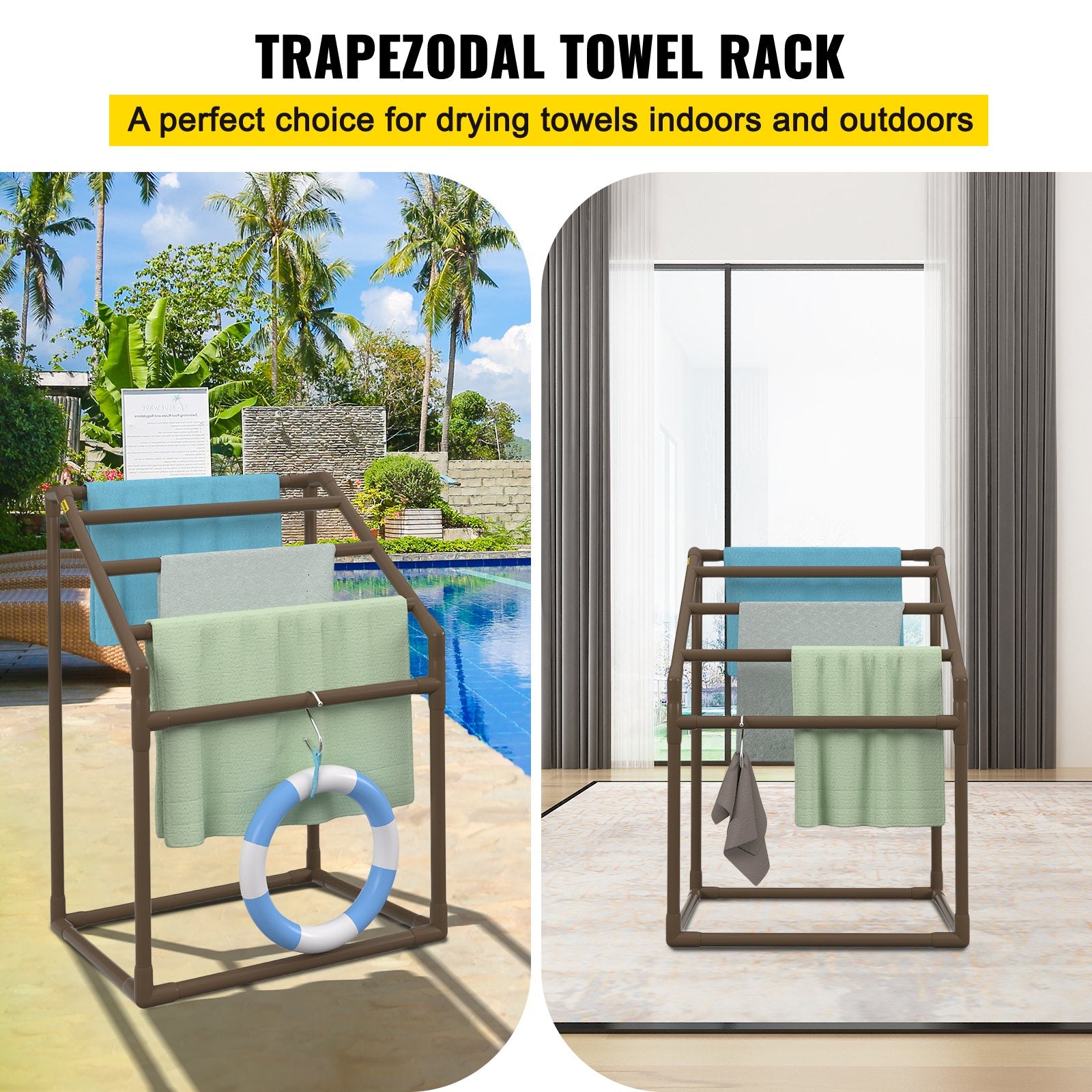 Pool Towel Rack, 5 Bar, Brown, Freestanding Outdoor PVC Trapedozal Poolside Storage Organizer, Include 8 Towel Clips, Mesh Bag, Hook, Also Stores Floats and Paddles, for Beach, Swimming Pool