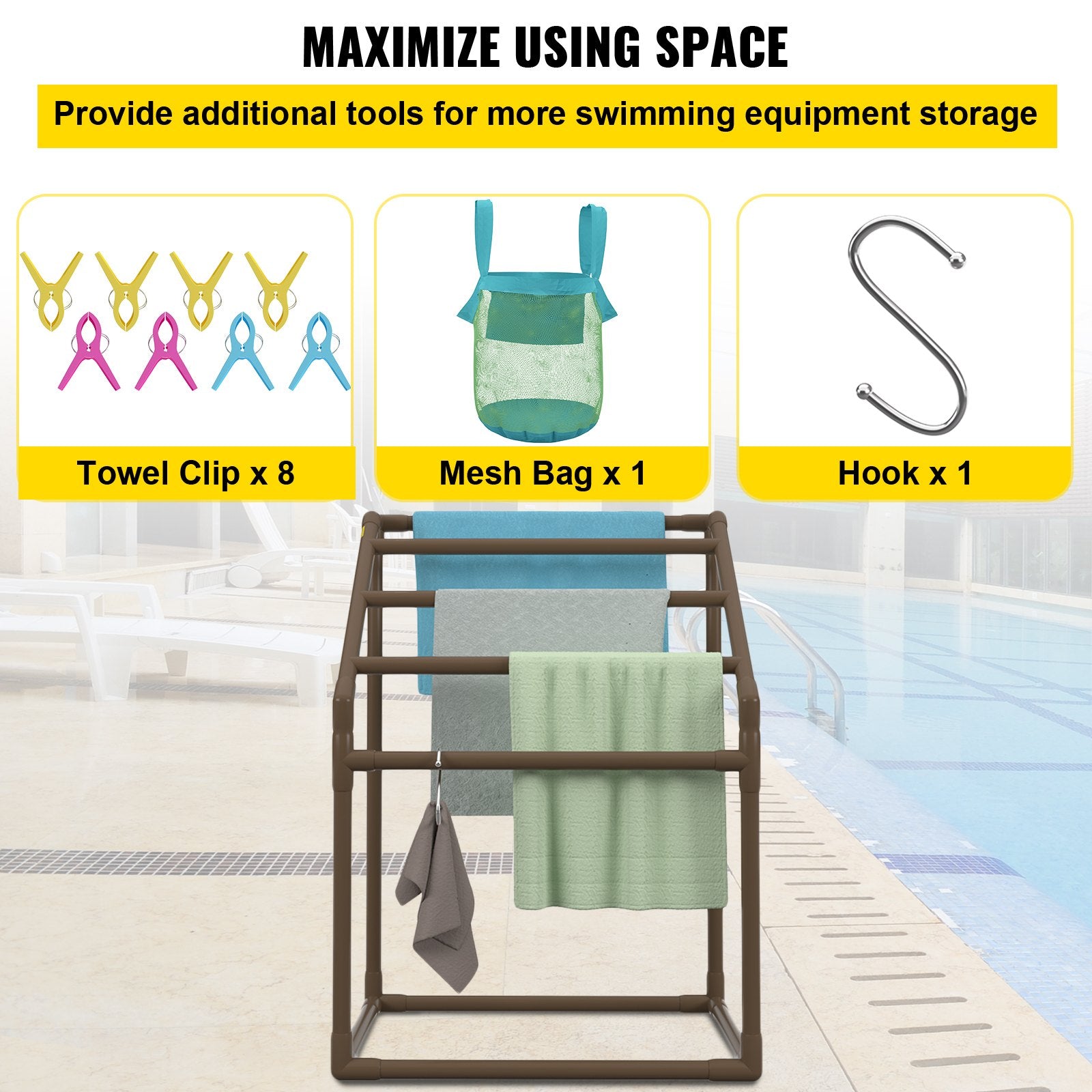 Pool Towel Rack, 5 Bar, Brown, Freestanding Outdoor PVC Trapedozal Poolside Storage Organizer, Include 8 Towel Clips, Mesh Bag, Hook, Also Stores Floats and Paddles, for Beach, Swimming Pool