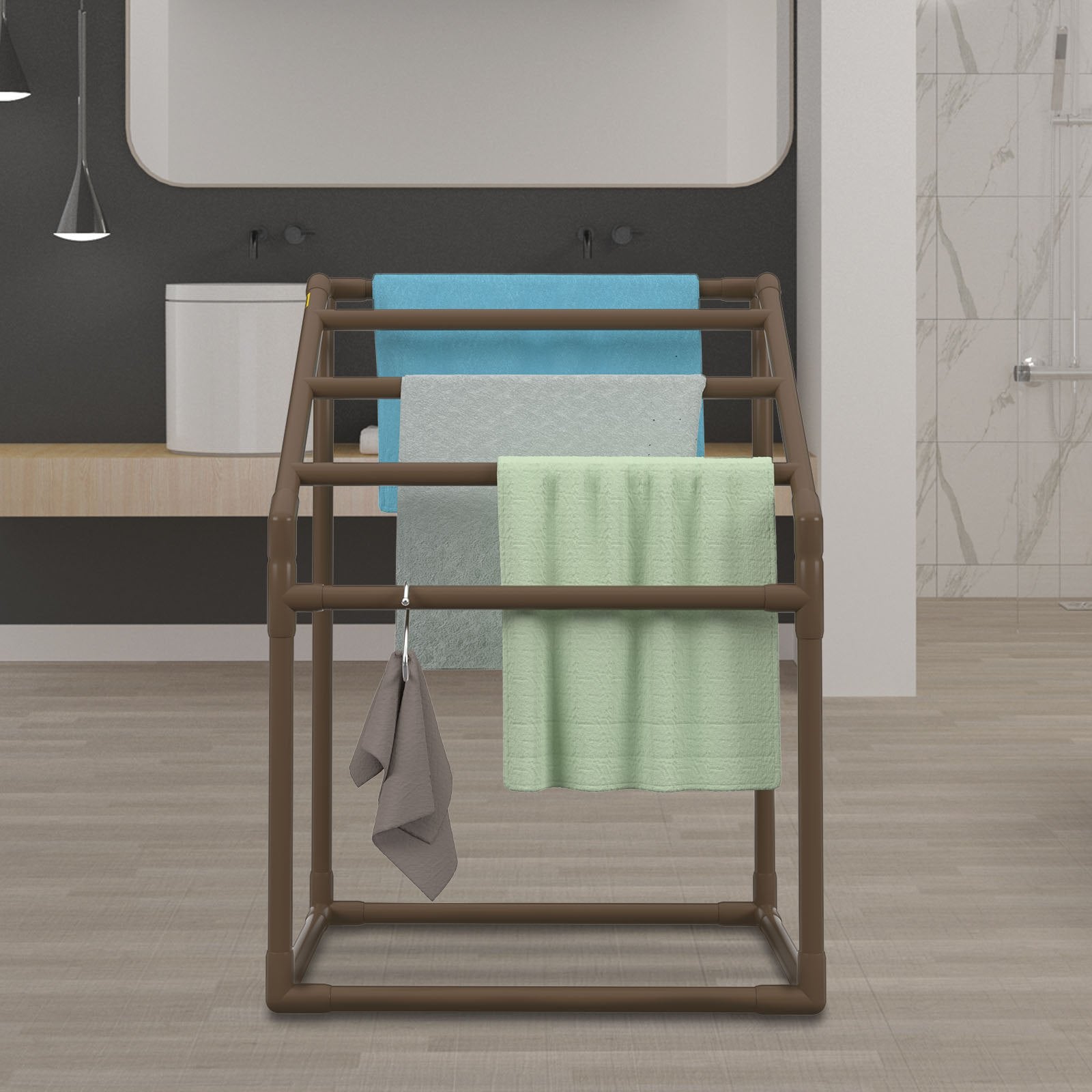 Pool Towel Rack, 5 Bar, Brown, Freestanding Outdoor PVC Trapedozal Poolside Storage Organizer, Include 8 Towel Clips, Mesh Bag, Hook, Also Stores Floats and Paddles, for Beach, Swimming Pool