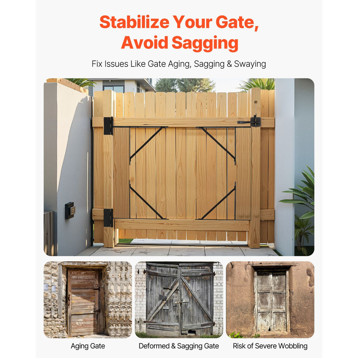 Gate Corner Brace Bracket, Anti Sag Gate Frame Hardware Kit, Gate Frame Brace Bracket with Latch Lock, Latch Lock Rope, for Shed Doors, Corral Gates, Driveway Gates, Stable Gates, Iron, Black