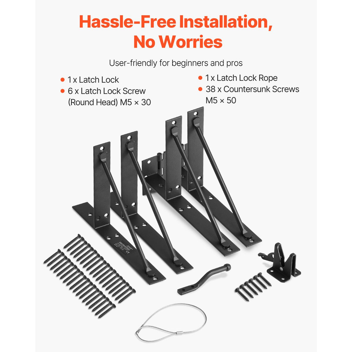 Gate Corner Brace Bracket, Anti Sag Gate Frame Hardware Kit, Gate Frame Brace Bracket with Latch Lock, Latch Lock Rope, for Shed Doors, Corral Gates, Driveway Gates, Stable Gates, Iron, Black