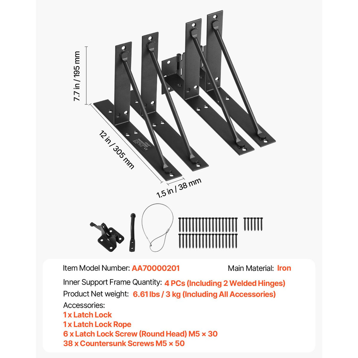 Gate Corner Brace Bracket, Anti Sag Gate Frame Hardware Kit, Gate Frame Brace Bracket with Latch Lock, Latch Lock Rope, for Shed Doors, Corral Gates, Driveway Gates, Stable Gates, Iron, Black