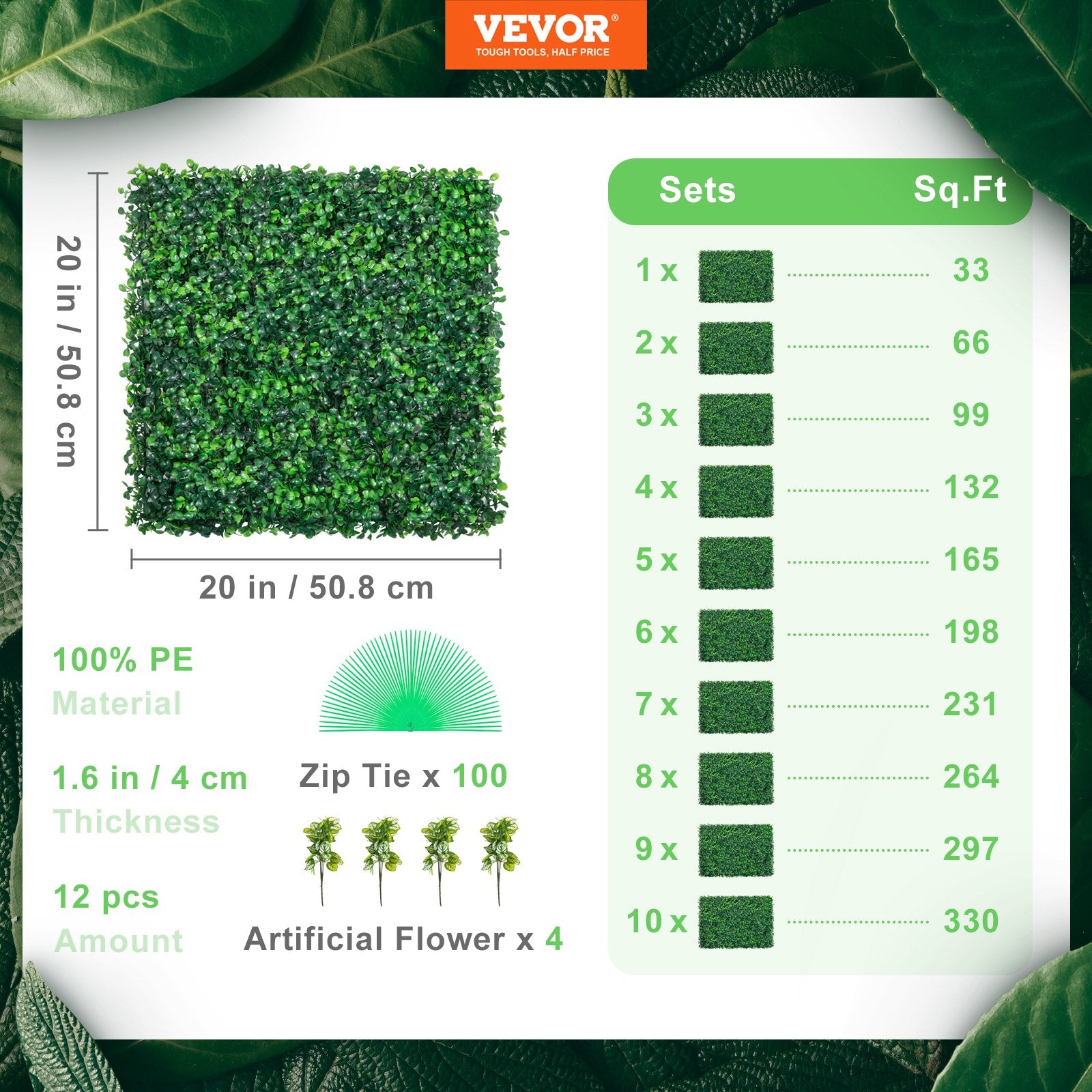 Garden Ornaments: VEVOR Artificial Boxwood Panel UV 12pcs Boxwood Hedge Wall Panels Artificial Grass Backdrop Wall 20X20" 4cm Green Grass Wall Fake Hedge for Decor Privacy Fence Indoor Outdoor Garden Backyard