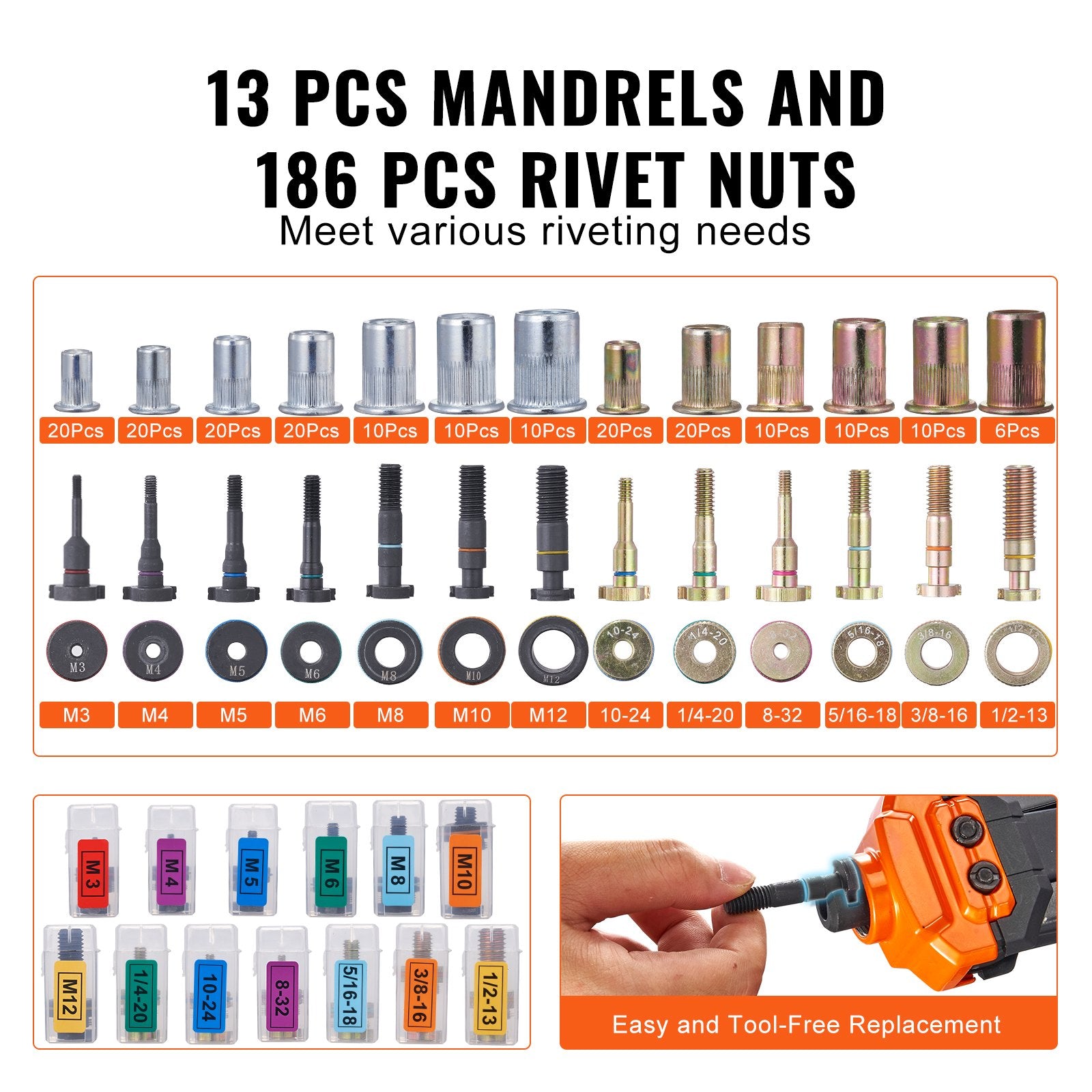 Tool Sockets: VEVOR Rivet Nut Tool, 16” Rivnut Tool Kit with 13PCS Metric and SAE Mandrels, 186PCS Rivet Nuts, M3, M4, 10-24, M5, M6, 1/4-20, 8-32, 5/16-18, M8, 3/8-16, M10, M12, 1/2-13, Semi-auto Retraction