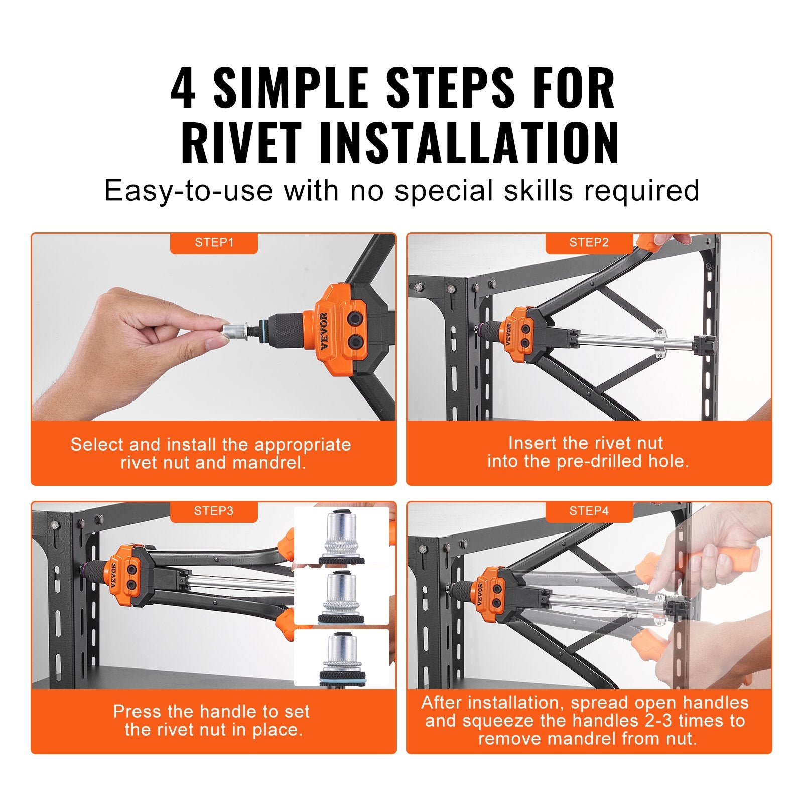 Tool Sockets: VEVOR Rivet Nut Tool, 16” Rivnut Tool Kit with 13PCS Metric and SAE Mandrels, 186PCS Rivet Nuts, M3, M4, 10-24, M5, M6, 1/4-20, 8-32, 5/16-18, M8, 3/8-16, M10, M12, 1/2-13, Semi-auto Retraction