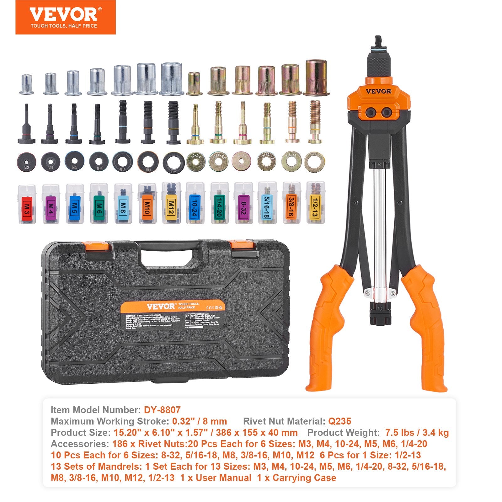 Tool Sockets: VEVOR Rivet Nut Tool, 16” Rivnut Tool Kit with 13PCS Metric and SAE Mandrels, 186PCS Rivet Nuts, M3, M4, 10-24, M5, M6, 1/4-20, 8-32, 5/16-18, M8, 3/8-16, M10, M12, 1/2-13, Semi-auto Retraction