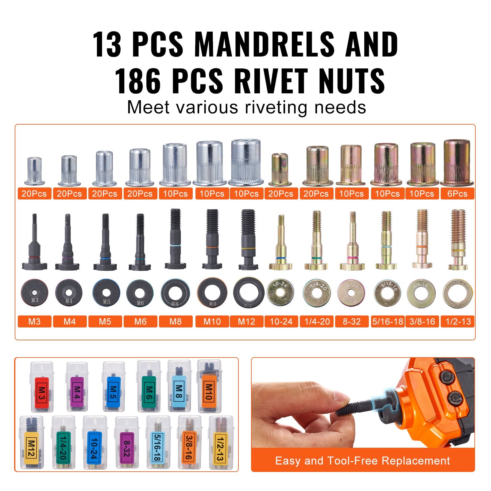 Tool Sockets: VEVOR Rivet Nut Tool, 16” Rivnut Tool Kit with 13PCS Metric and SAE Mandrels, 186PCS Rivet Nuts, M3, M4, 10-24, M5, M6, 1/4-20, 8-32, 5/16-18, M8, 3/8-16, M10, M12, 1/2-13, With Carrying Case