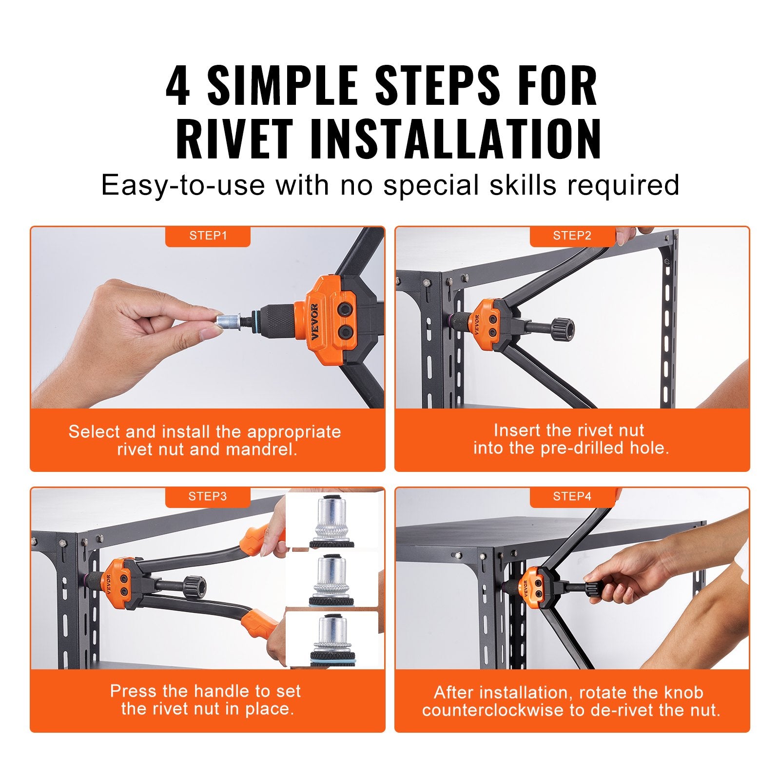 Tool Sockets: VEVOR Rivet Nut Tool, 16” Rivnut Tool Kit with 13PCS Metric and SAE Mandrels, 186PCS Rivet Nuts, M3, M4, 10-24, M5, M6, 1/4-20, 8-32, 5/16-18, M8, 3/8-16, M10, M12, 1/2-13, With Carrying Case