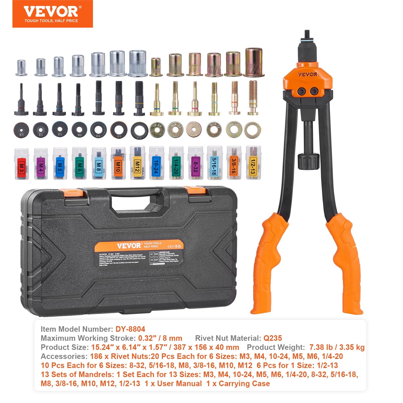 Tool Sockets: VEVOR Rivet Nut Tool, 16” Rivnut Tool Kit with 13PCS Metric and SAE Mandrels, 186PCS Rivet Nuts, M3, M4, 10-24, M5, M6, 1/4-20, 8-32, 5/16-18, M8, 3/8-16, M10, M12, 1/2-13, With Carrying Case