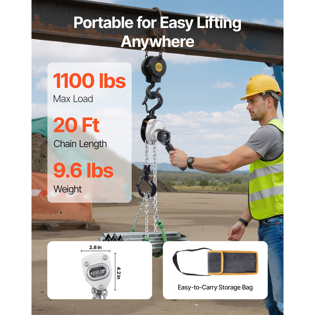 Manual Lever Chain Hoist, 1/2T 500KG Capacity Heavy Duty Come Along, 6M Lift G80 Alloy Steel Chain With Dual Pawl Mechanical Brake, 360° Rotating Hooks, for Warehouse Construction Garage