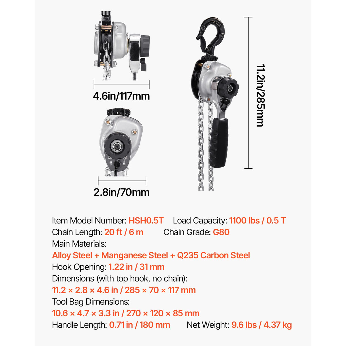 Manual Lever Chain Hoist, 1/2T 500KG Capacity Heavy Duty Come Along, 6M Lift G80 Alloy Steel Chain With Dual Pawl Mechanical Brake, 360° Rotating Hooks, for Warehouse Construction Garage