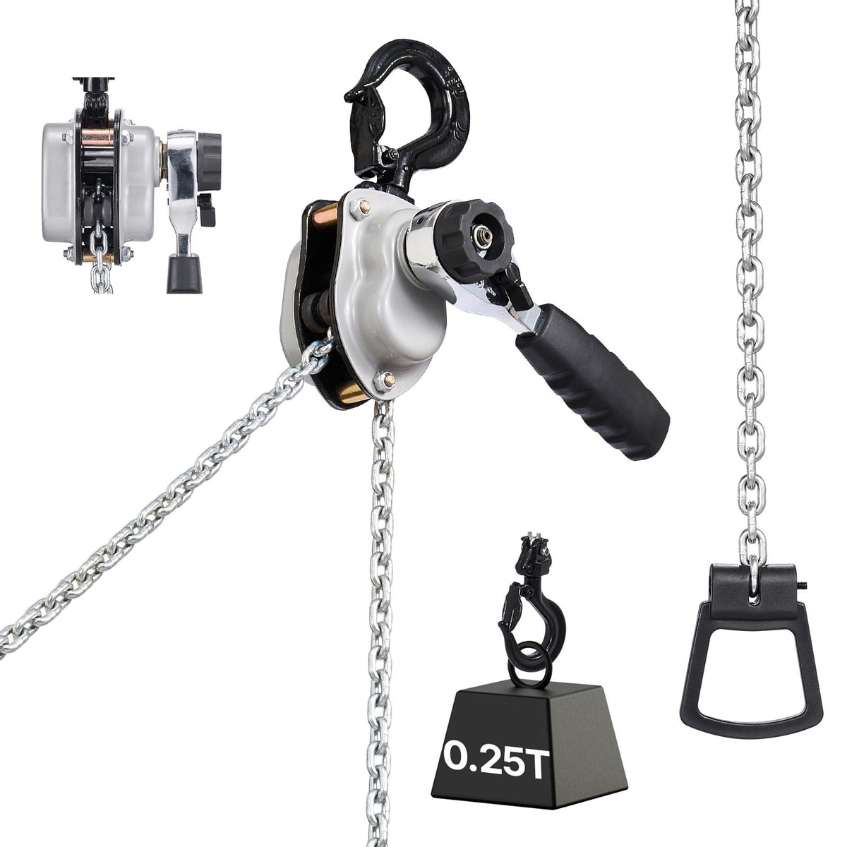 Manual Lever Chain Hoist, 1/4T 250KG Capacity Heavy Duty Come Along, 1.5M Lift G80 Alloy Steel Chain With Dual Pawl Mechanical Brake, 360° Rotating Hooks, for Warehouse Construction Garage