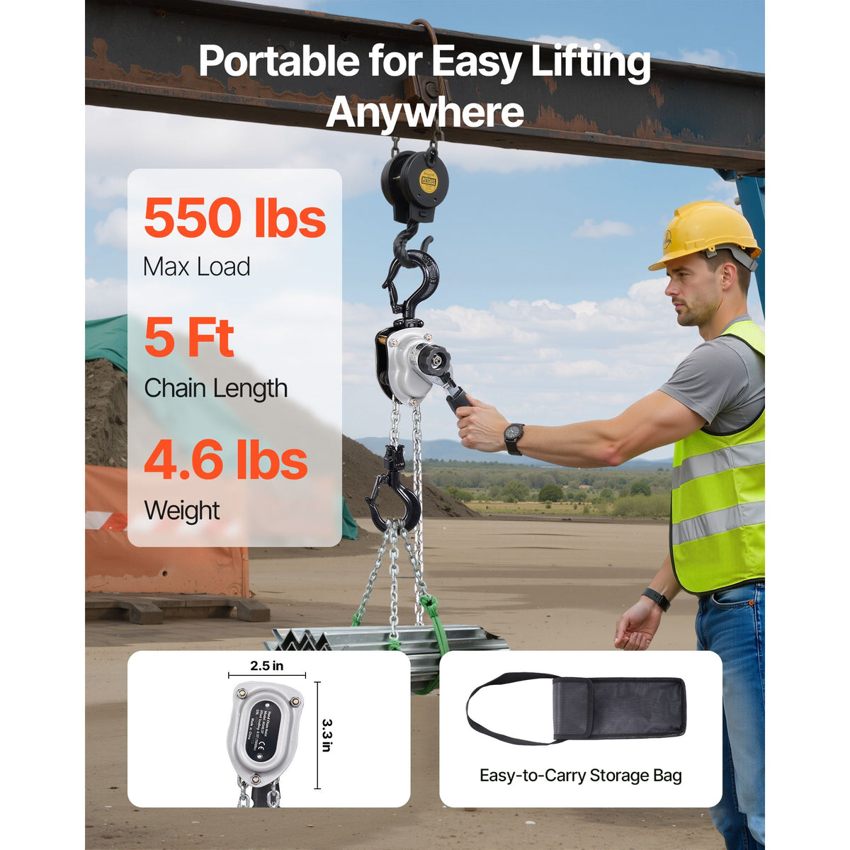 Manual Lever Chain Hoist, 1/4T 250KG Capacity Heavy Duty Come Along, 1.5M Lift G80 Alloy Steel Chain With Dual Pawl Mechanical Brake, 360° Rotating Hooks, for Warehouse Construction Garage