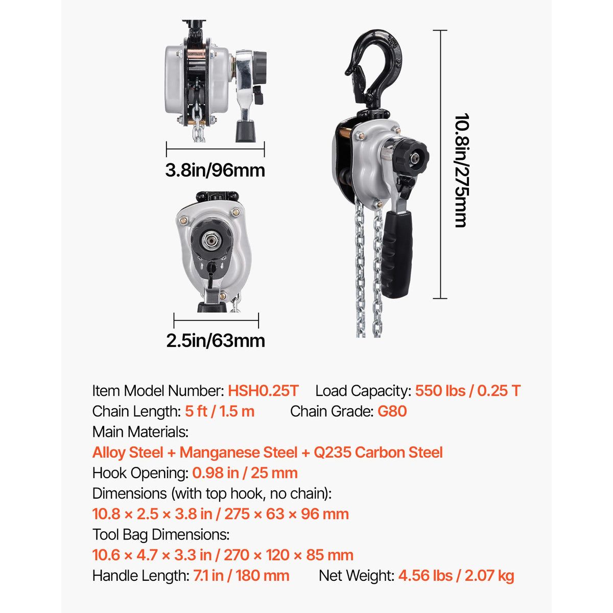 Manual Lever Chain Hoist, 1/4T 250KG Capacity Heavy Duty Come Along, 1.5M Lift G80 Alloy Steel Chain With Dual Pawl Mechanical Brake, 360° Rotating Hooks, for Warehouse Construction Garage