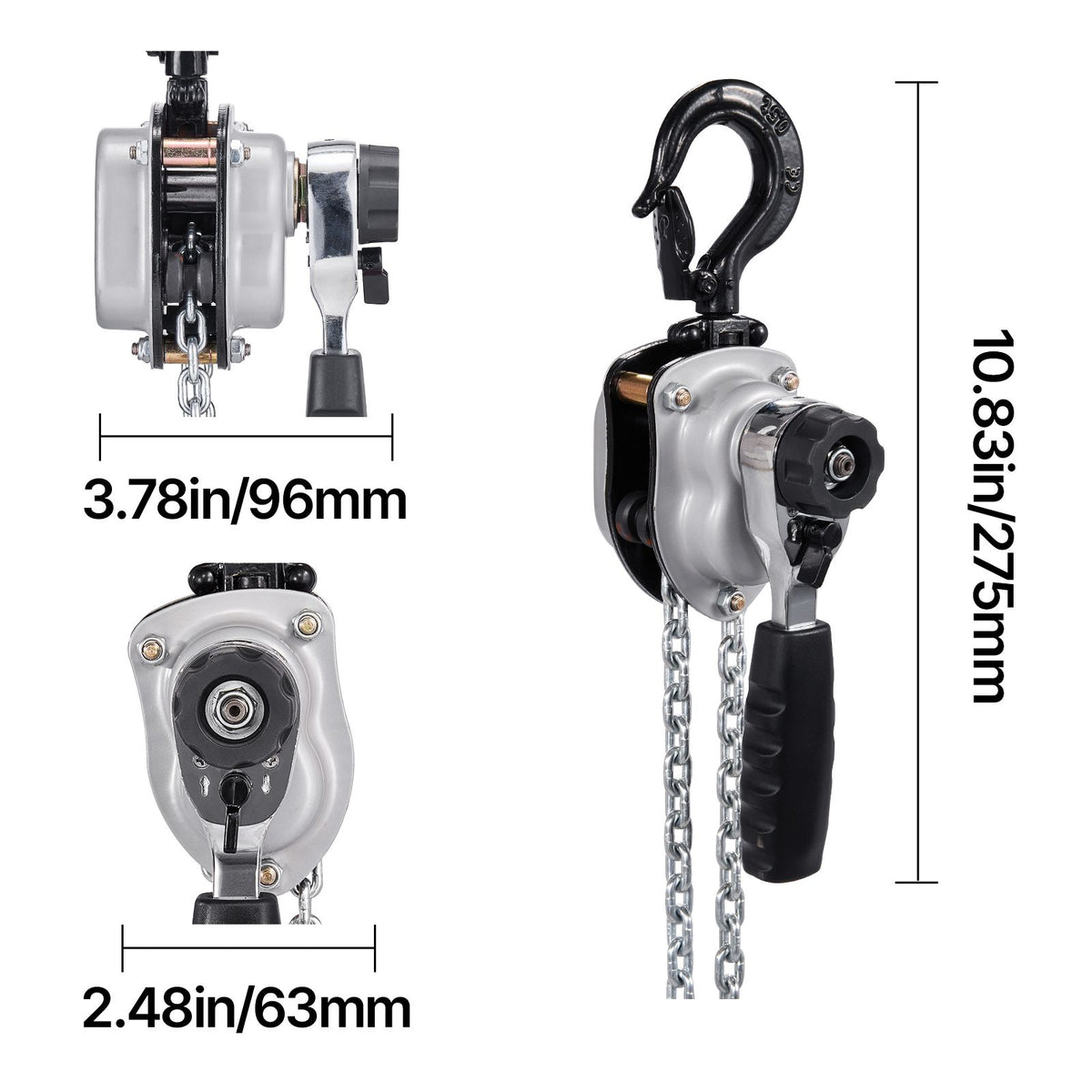Manual Lever Chain Hoist, 1/4T 250KG Capacity Heavy Duty Come Along, 1.5M Lift G80 Alloy Steel Chain With Dual Pawl Mechanical Brake, 360° Rotating Hooks, for Warehouse Construction Garage