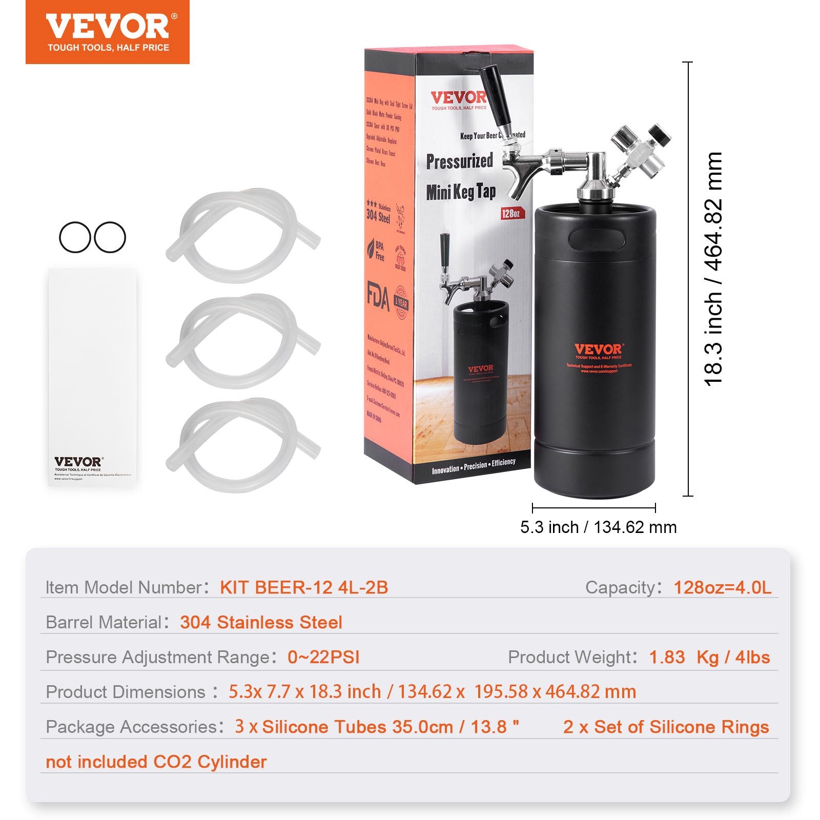 Distilling & Brewing: VEVOR Beer Growler Tap System, 4L Mini Keg, 304 Stainless Steel Pressurized Beer Growler, Keg Growler with Pressure Display, CO2 Regulator Faucet, Leak-Proof Ring For Draft, Homebrew, Craft Beer